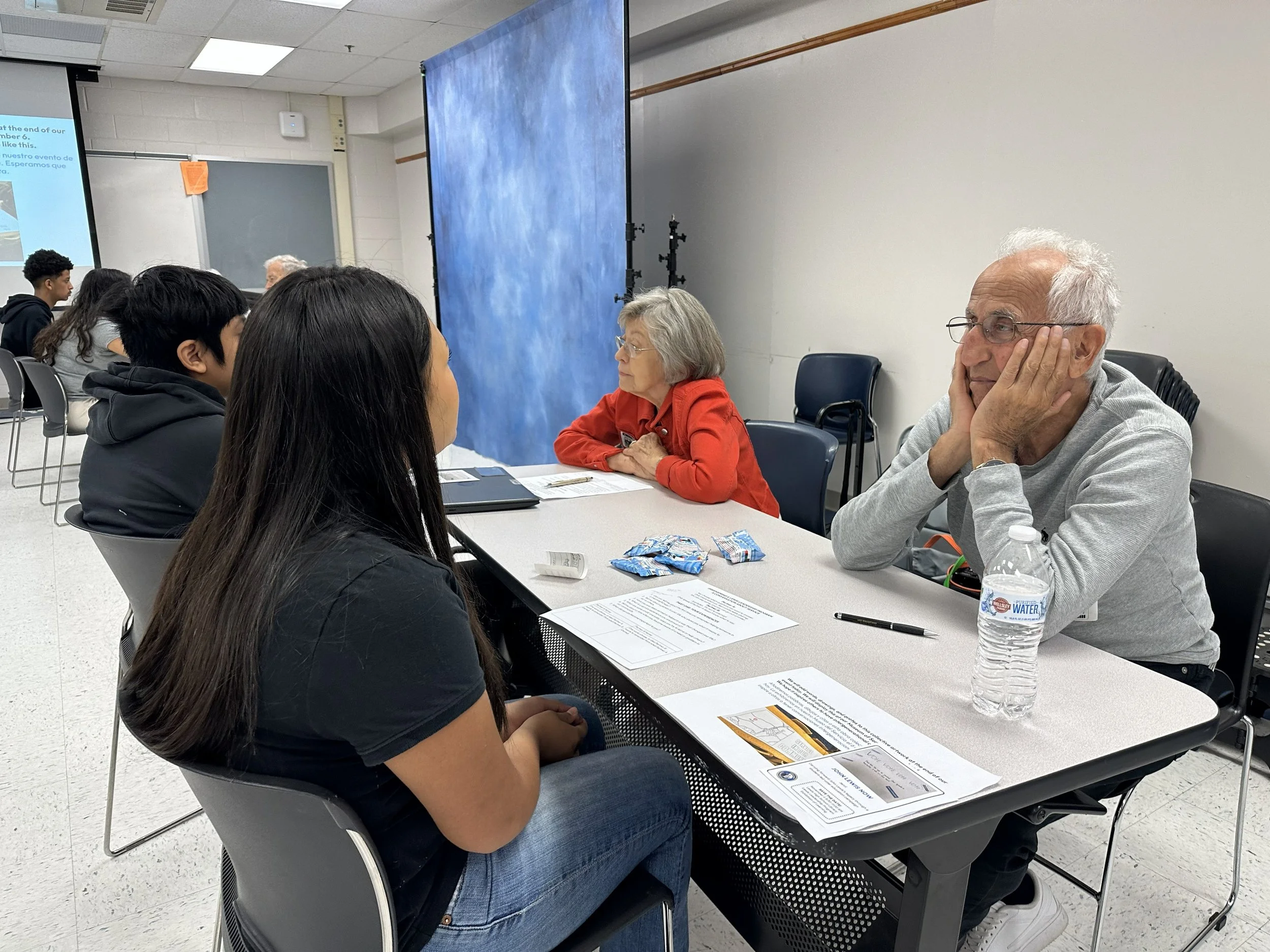 Greenspring Senior Living Community residents had two-way interviews with Lewis students about personal experiences with service.
