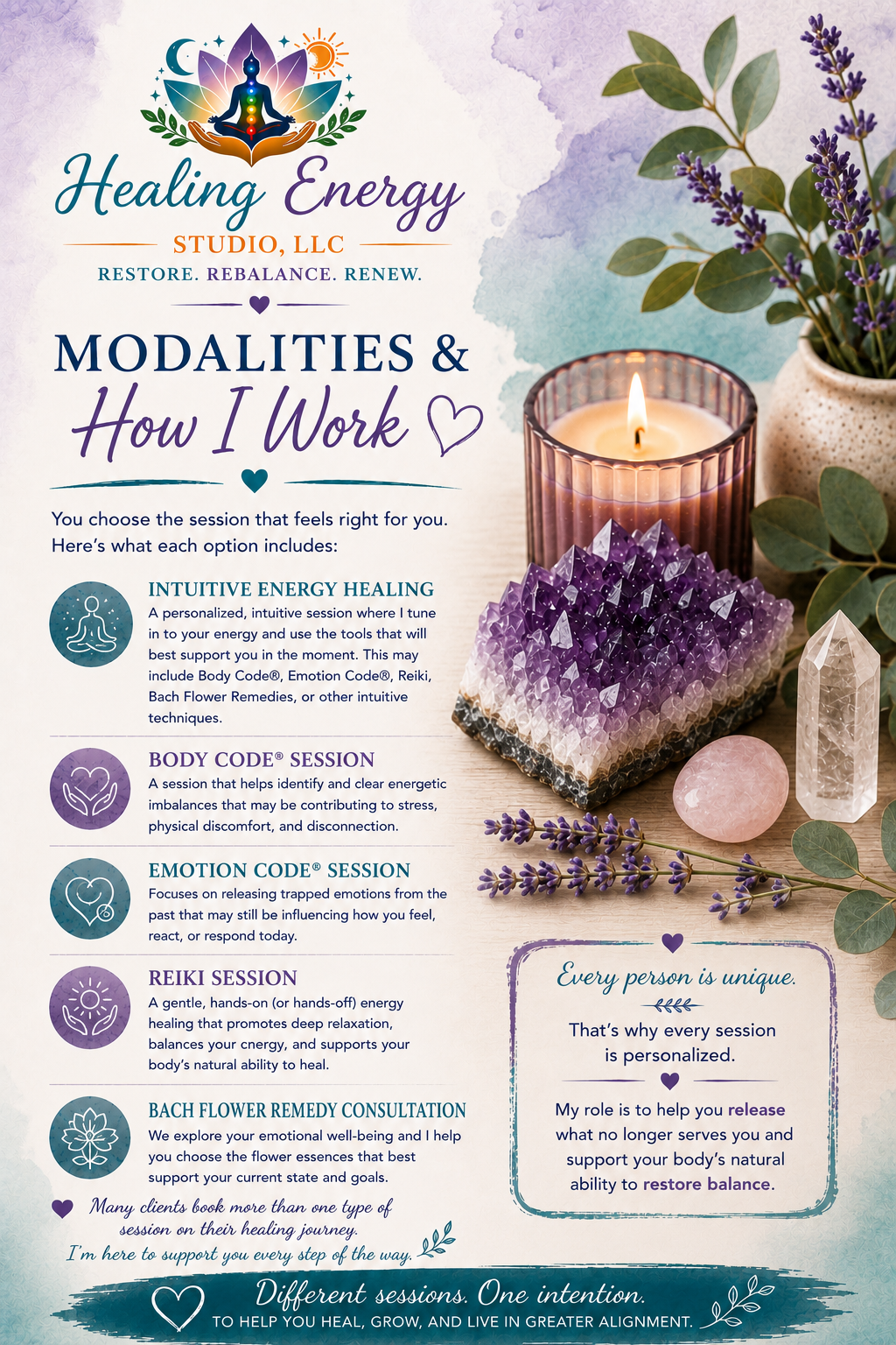 Healing Energy Studio guide to Intuitive Energy Healing, Body Code, Emotion Code, Reiki, and Bach Flower Remedy consultations, explaining how each personalized modality supports healing and balance.