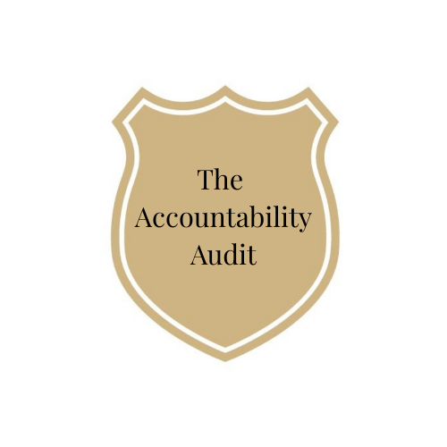A beige shield with a white border, featuring the text "The Accountability Audit" in black.