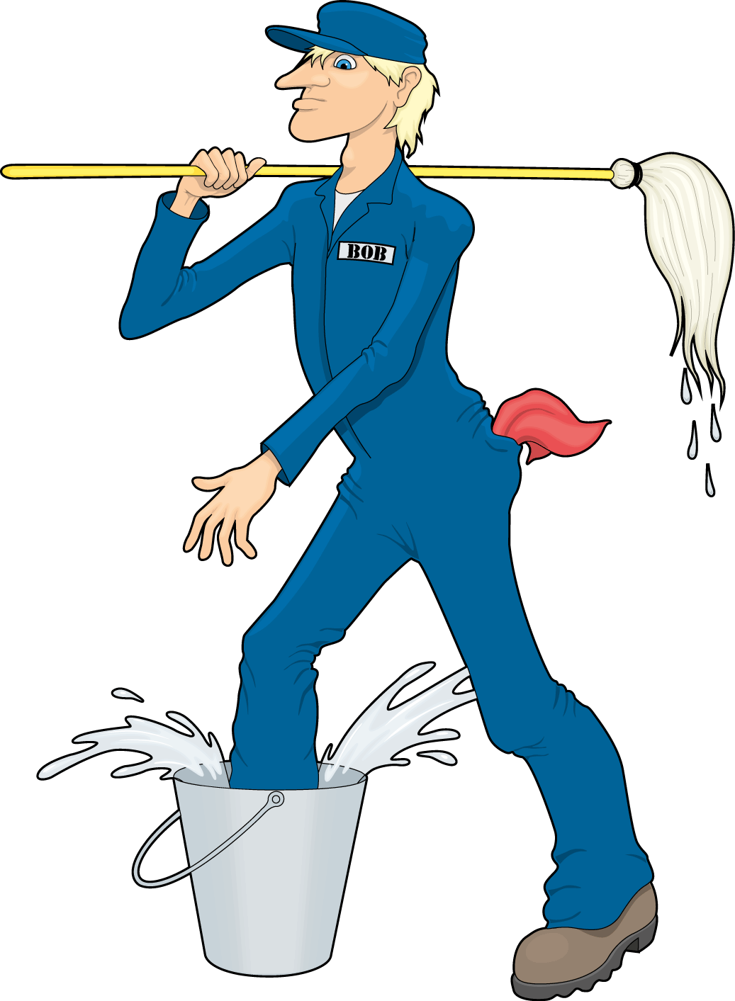 Cartoon-Mann in blauer Arbeitskleidung mit Namensschild 'BOB' steht in einem Wasserfaß, das Wasser spritzt, mit einer Staubwedel auf der Schulter.