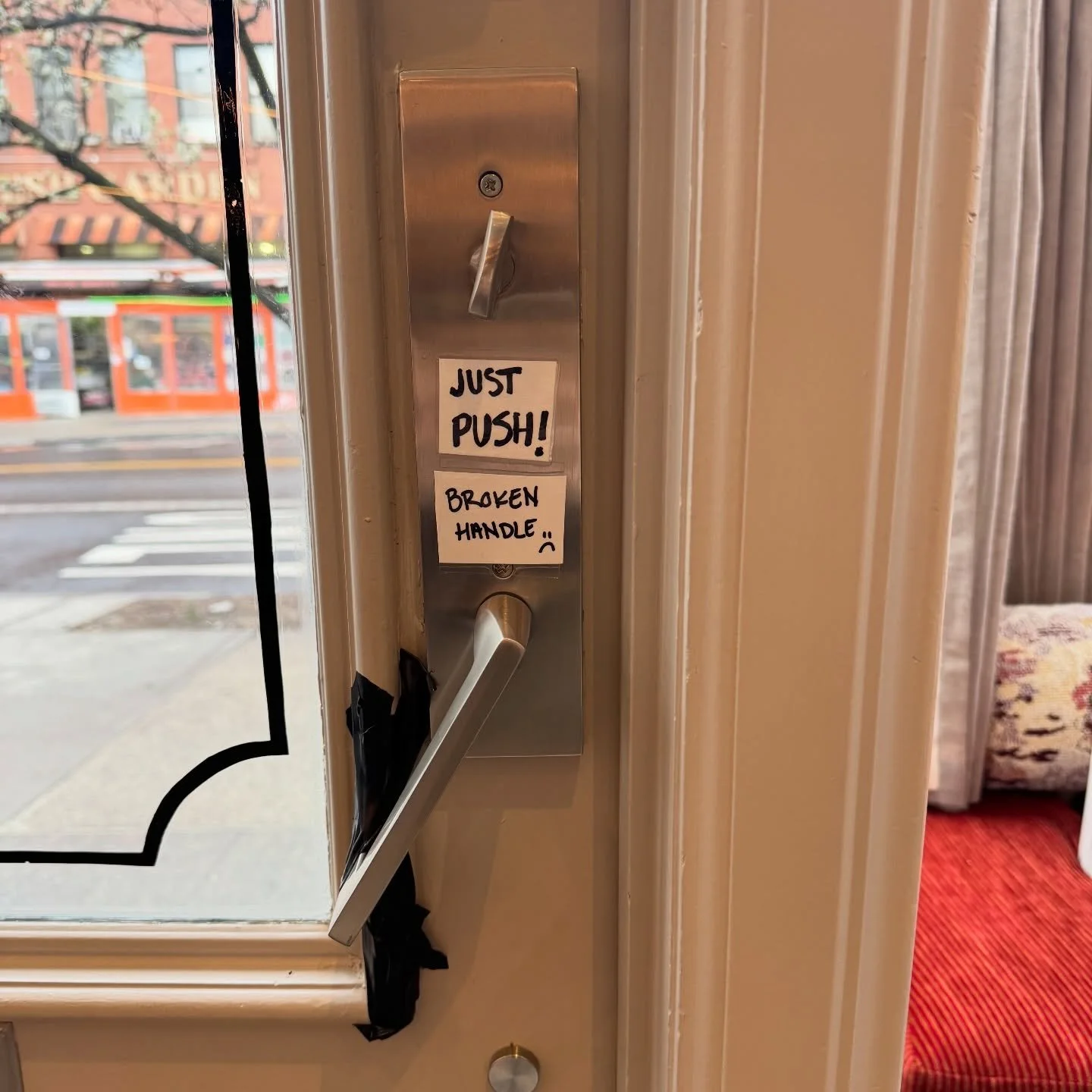 One week in and it&rsquo;s like we&rsquo;ve always been here! On Friday, I walked out to grab dinner and returned to find our single entry point suddenly had a limp faulty handle. What could we do but laugh, handwrite a sign with sharpie and packing 