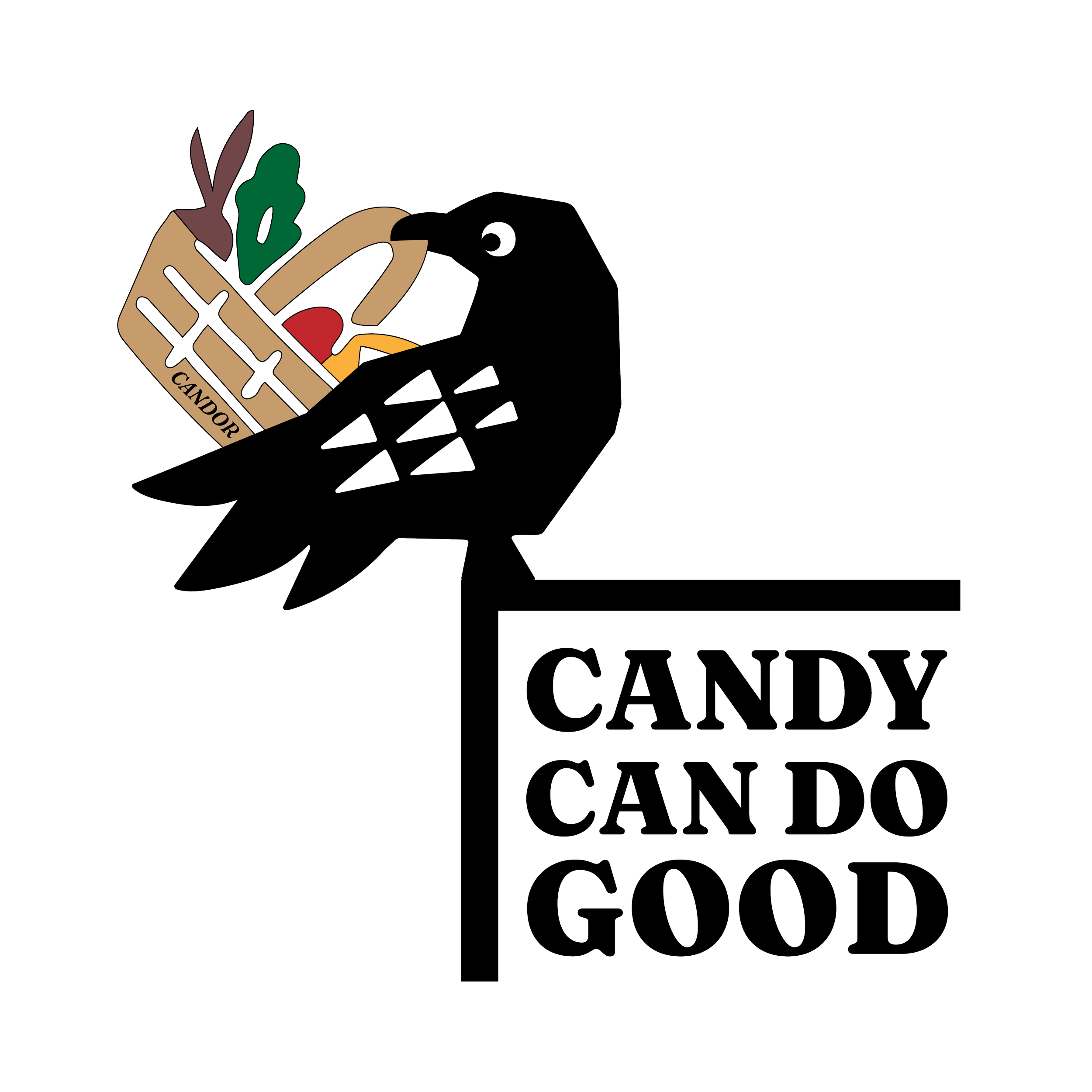 A logo featuring a stylized black bird holding a basket of assorted fresh groceries with the phrase 'CANDY CAN DO GOOD' next to it.