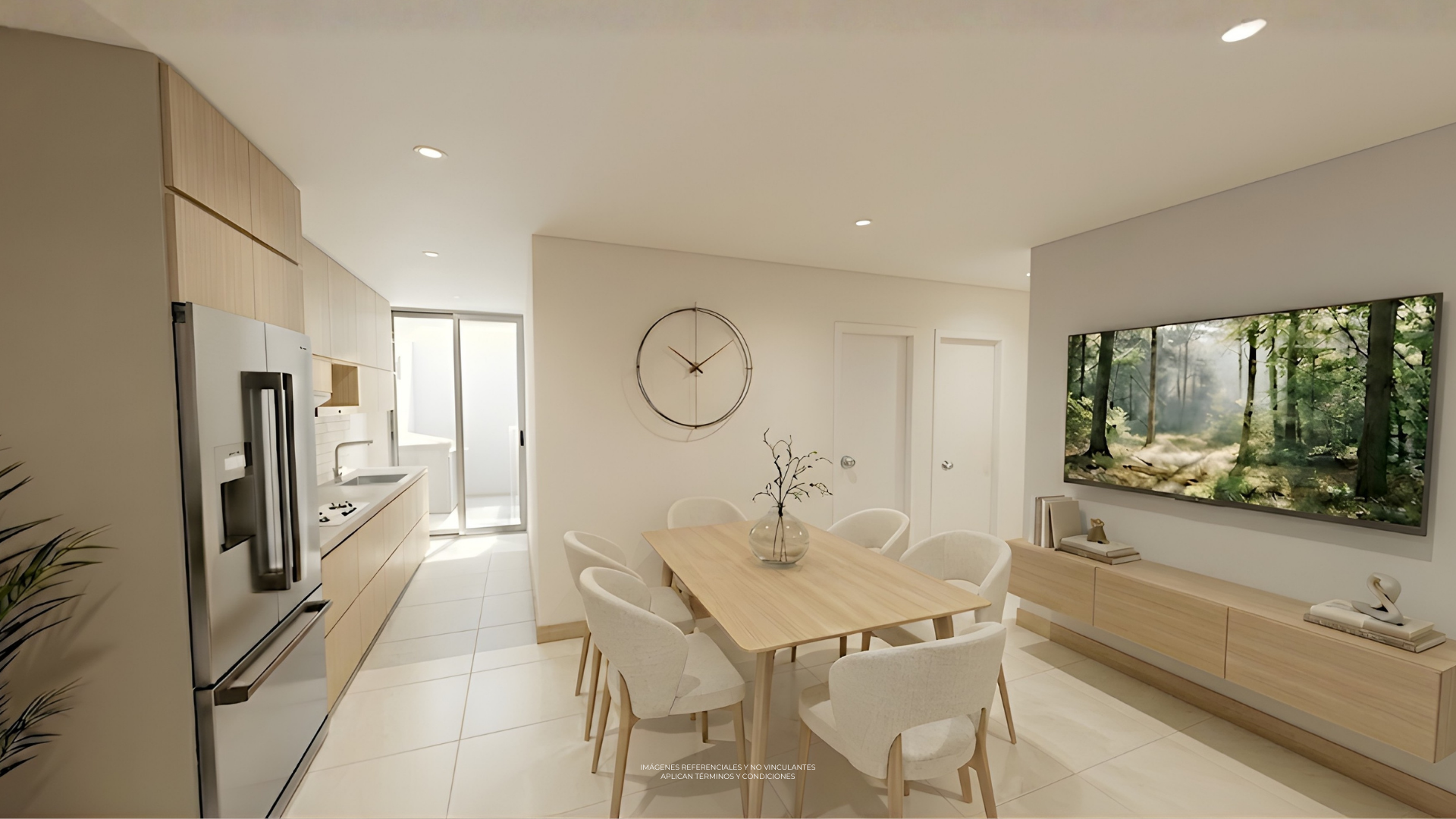 Modern dining area with a wooden table and six cream-colored chairs, a large wall clock, a TV showing a forest scene, and a minimalist wooden sideboard with books and decorative objects.