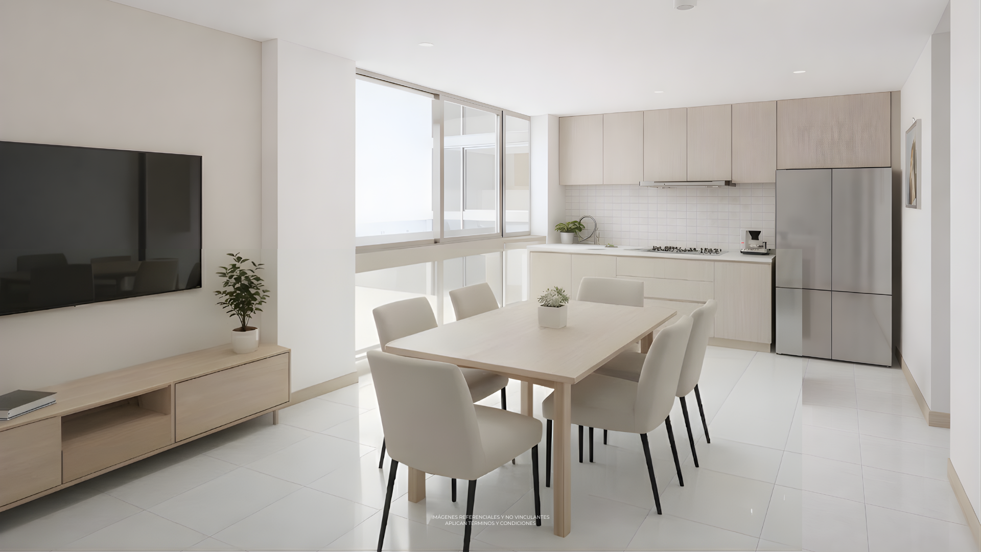 Bright, minimalist kitchen and dining area with white walls, tiled floors, a wooden dining table, six beige chairs, a wall-mounted TV, and kitchen appliances including a refrigerator, oven, and stove, with a small potted plant on the table.