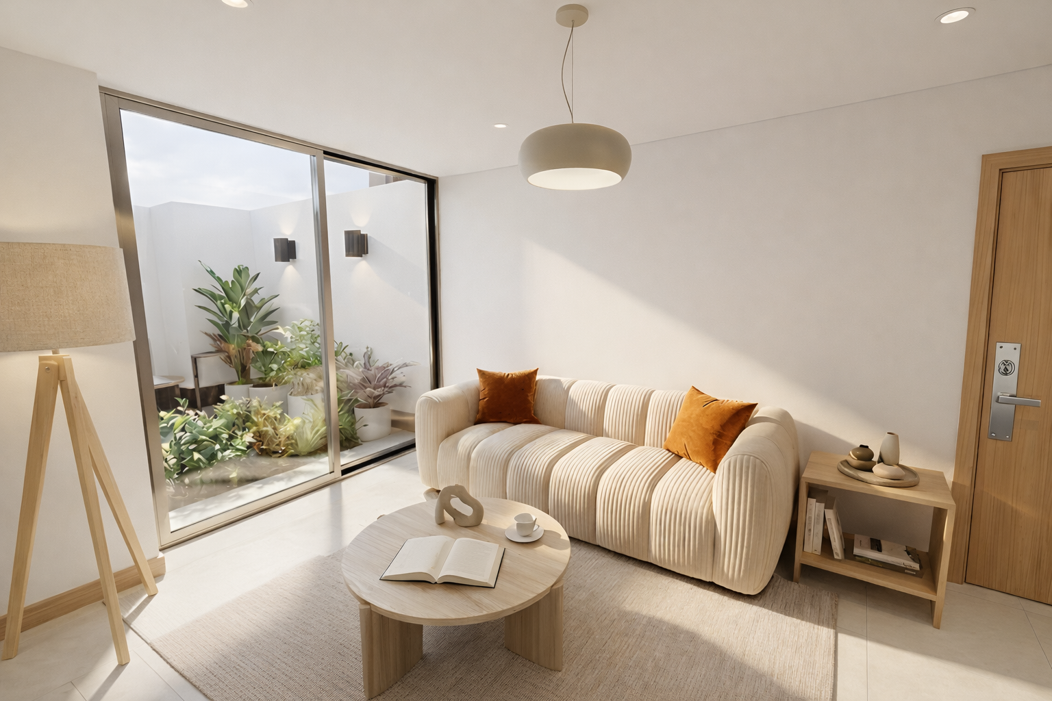 Minimalist living room with beige sofa, orange pillows, wooden side table, coffee table with open book, cups, decorative object, large glass sliding door, and indoor plants outside.