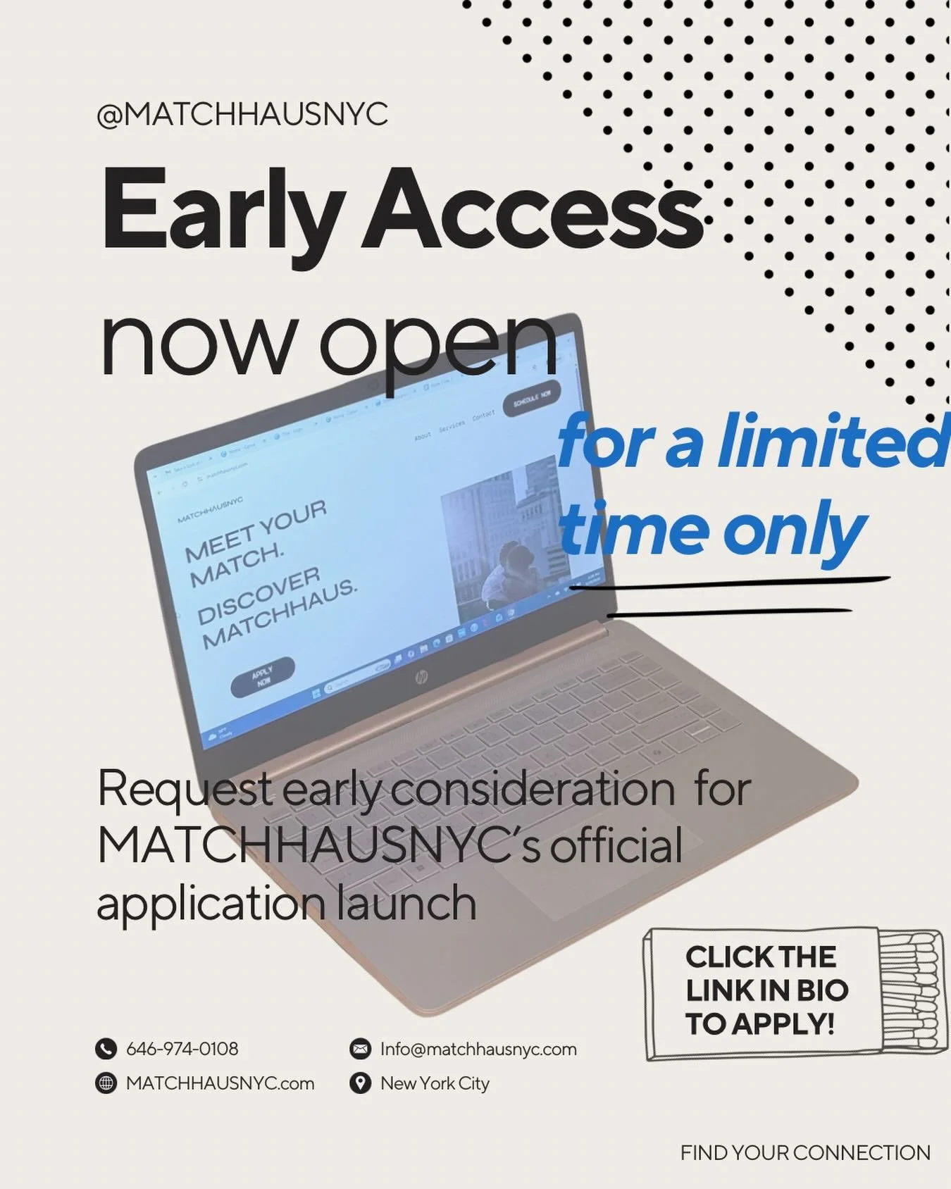 Whether you&rsquo;re looking to find your match or looking for the best singles events in the city, MATCHHAUS has you covered.

Request early access to our dating pool with the link in bio! 

#dating #datinginnyc #nyc #matchmaking #singlesevents
