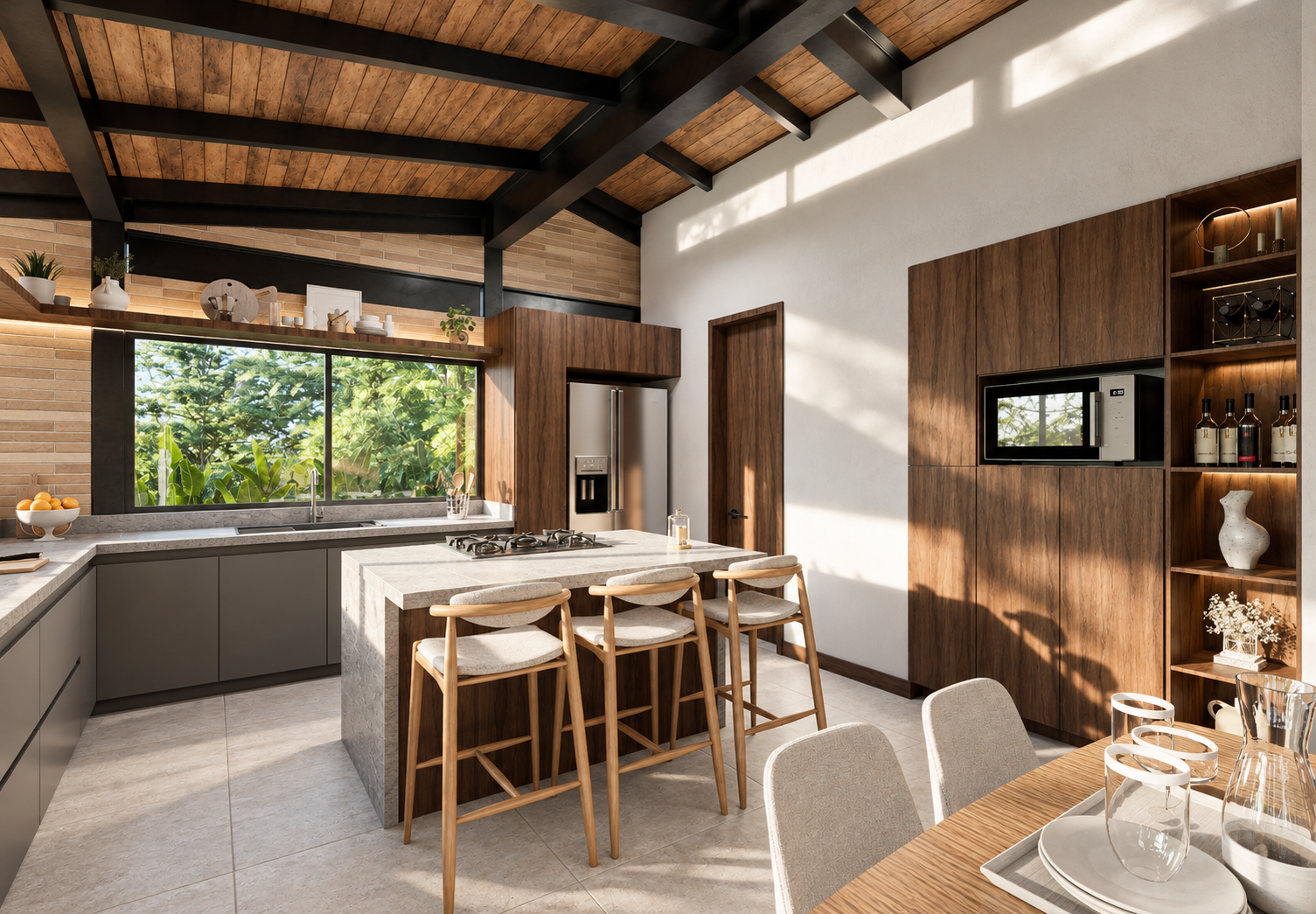 Interiorismo en Casa Villa Ciprés con ventanales de piso a techo, acabados en madera cálida e iluminación natural abierta hacia el paisaje.