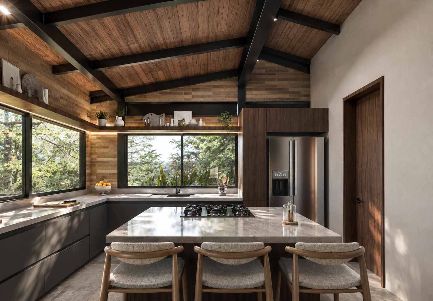 Detalle de carpintería a medida, texturas expuestas en piedra natural y mobiliario integrado en Casa Villa Ciprés por Vertiente Arquitectura.
