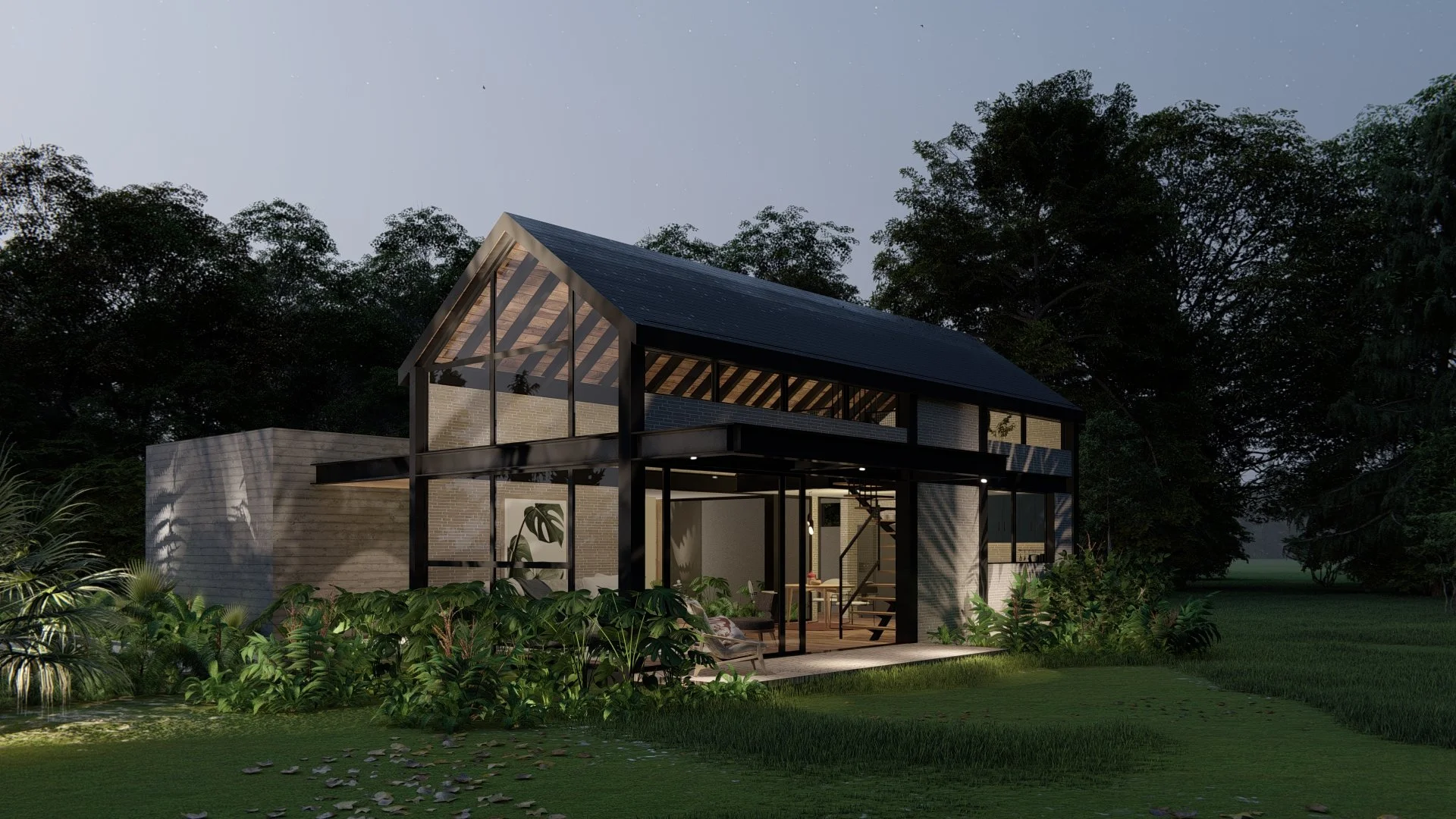 Modern house with glass walls and a sloped roof, surrounded by greenery, on a twilight evening.
