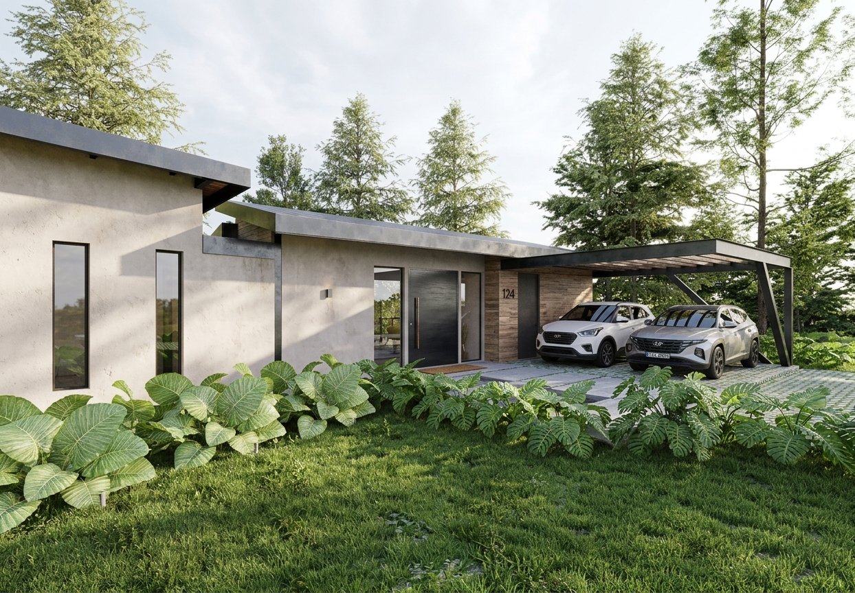 Fachada de Casa Villa Ciprés con arquitectura campestre minimalista e integración a la topografía del Oriente Antioqueño por Vertiente Arquitectura.