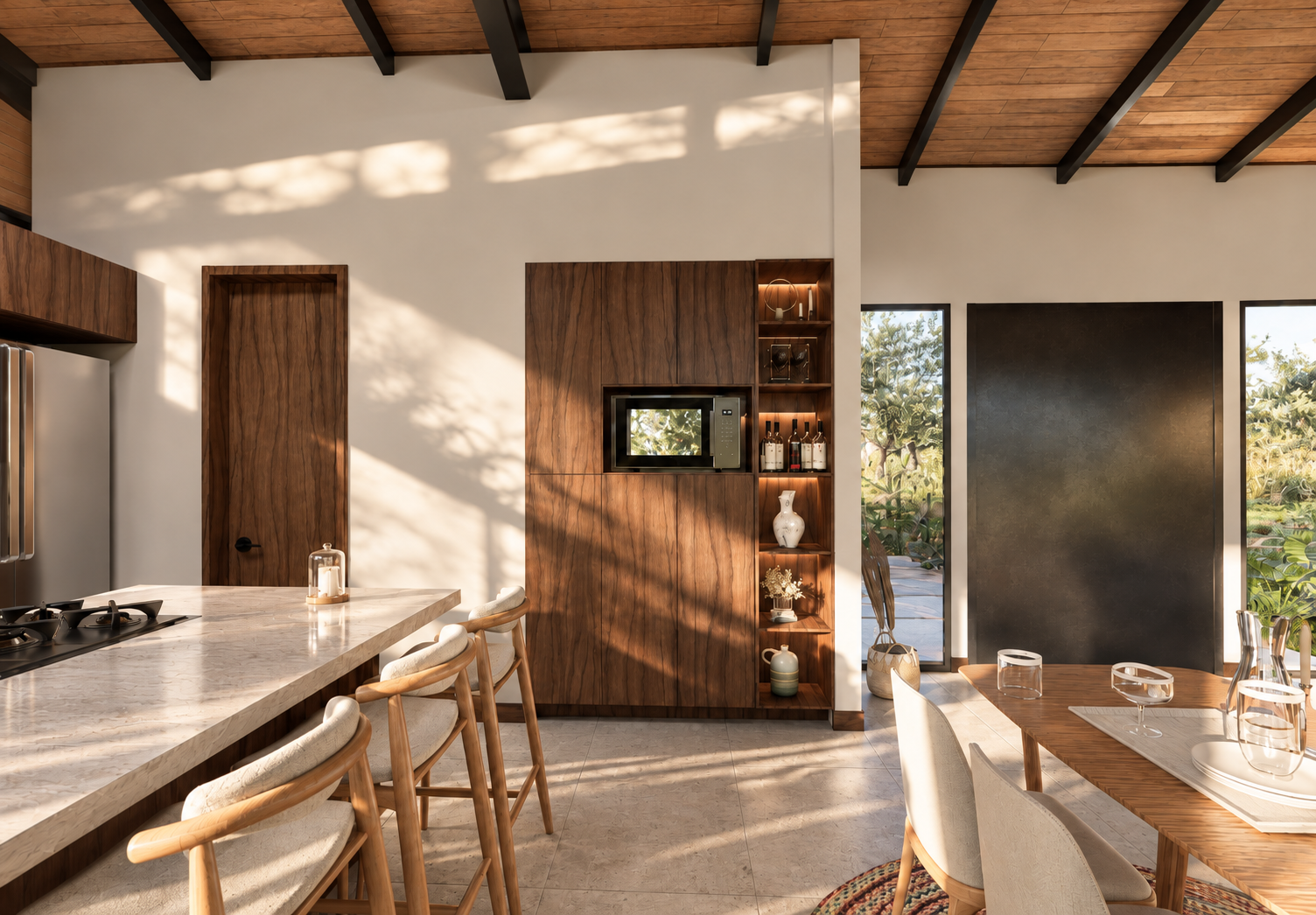 Detalle de carpintería a medida, texturas expuestas en piedra natural y mobiliario integrado en Casa Villa Ciprés por Vertiente Arquitectura.