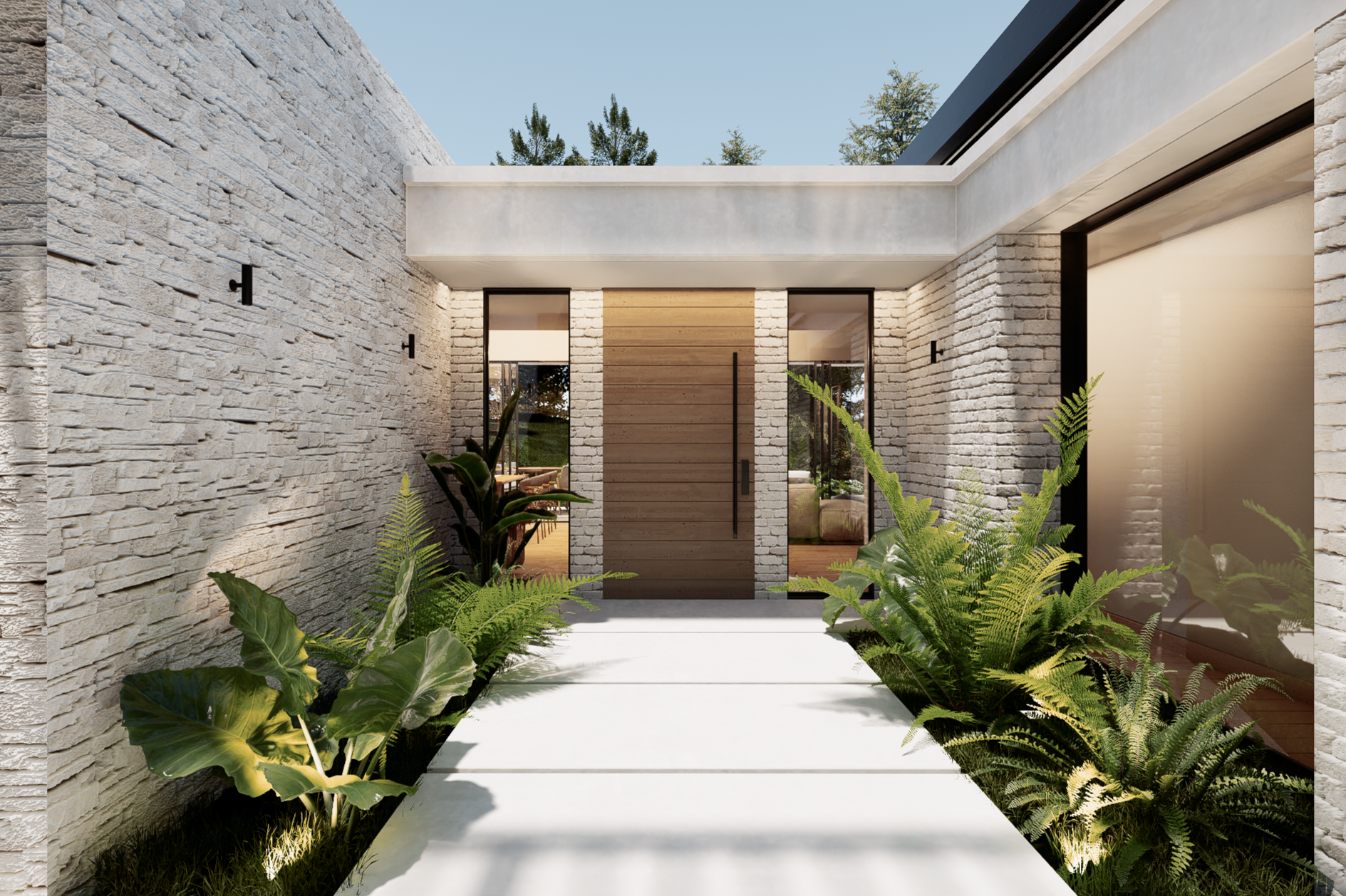 Modern house entrance with white stone walls, a large wooden door, glass panels, and lush green plants along the walkway.