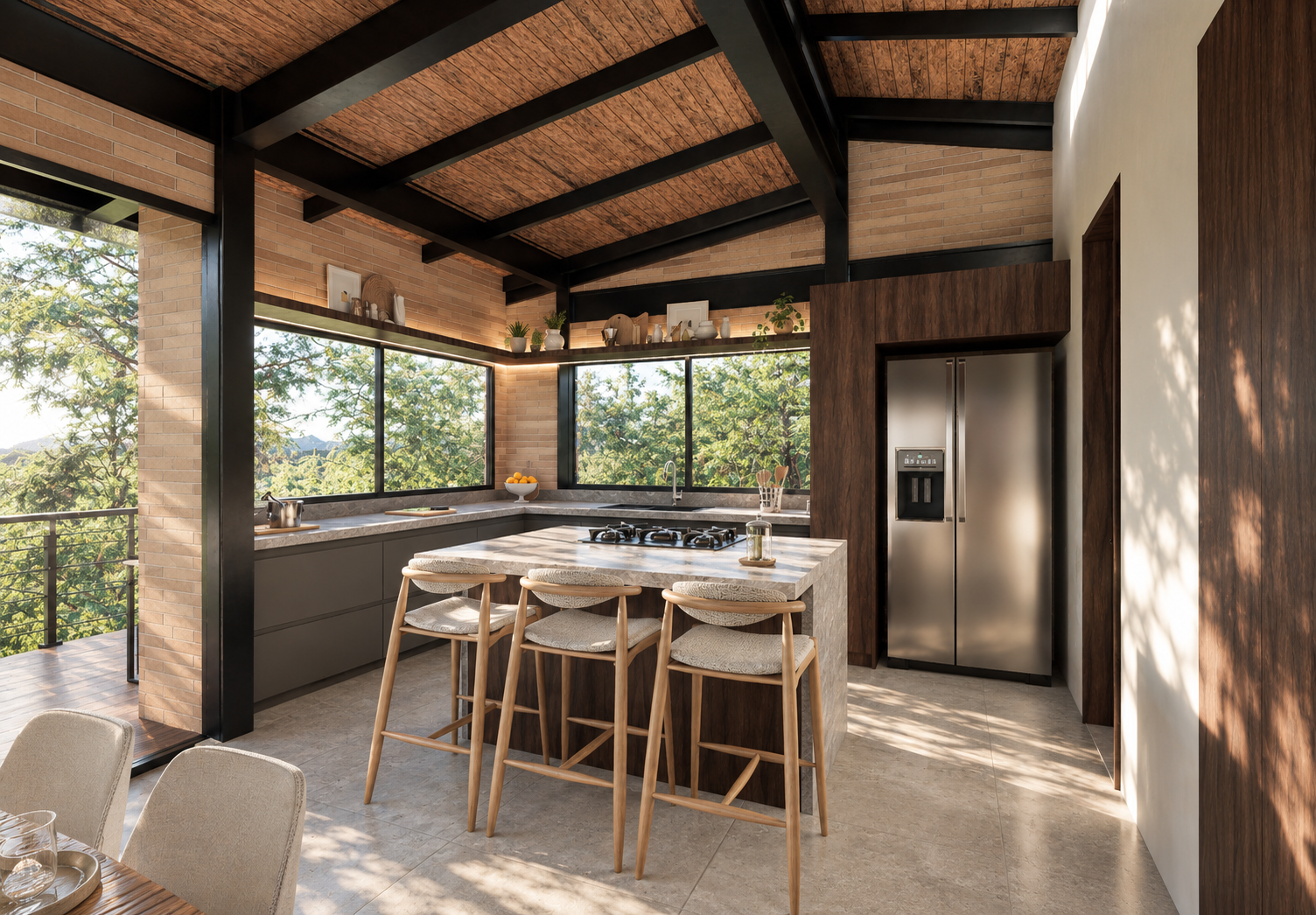 Interiorismo en Casa Villa Ciprés con ventanales de piso a techo, acabados en madera cálida e iluminación natural abierta hacia el paisaje.