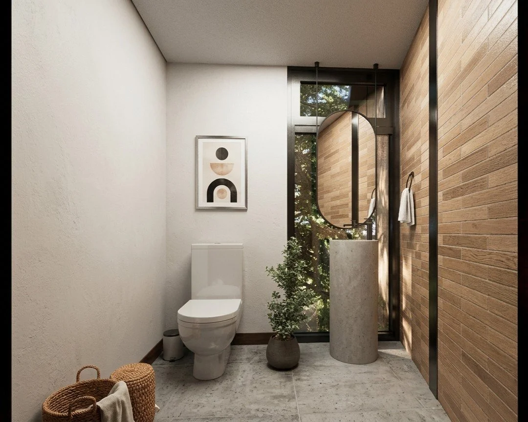 Interiorismo en Casa Villa Ciprés con ventanales de piso a techo, acabados en madera cálida e iluminación natural abierta hacia el paisaje.