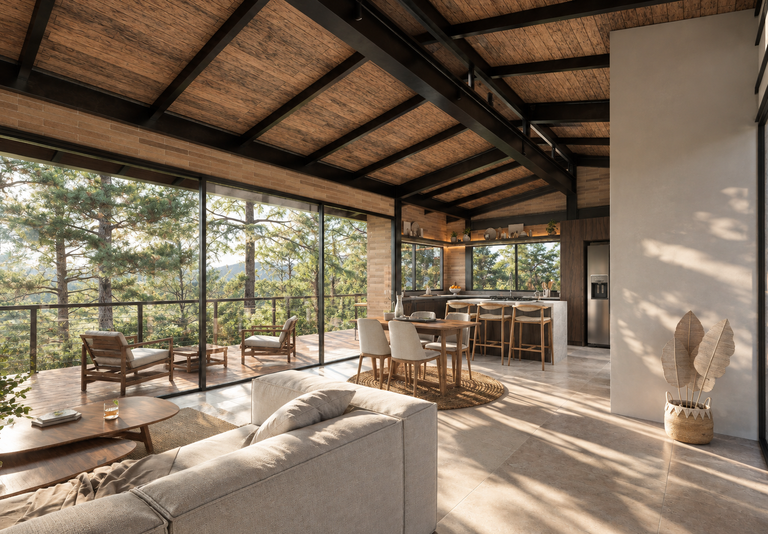 Interiorismo en Casa Villa Ciprés con ventanales de piso a techo, acabados en madera cálida e iluminación natural abierta hacia el paisaje.