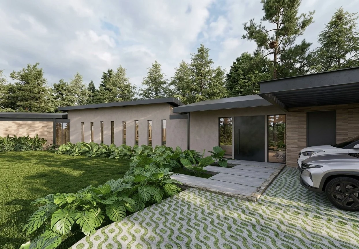 Fachada de Casa Villa Ciprés con arquitectura campestre minimalista e integración a la topografía del Oriente Antioqueño por Vertiente Arquitectura.