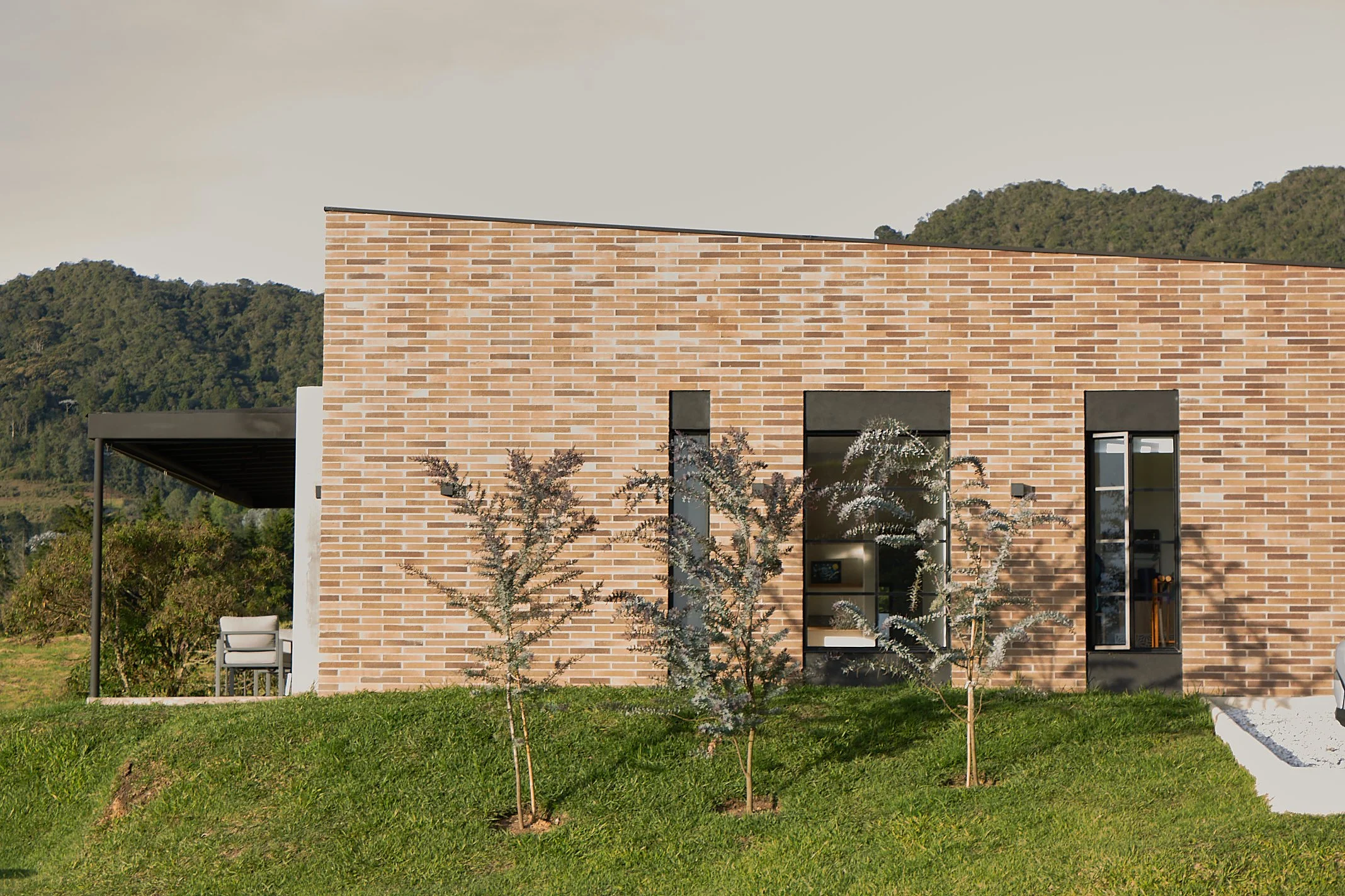 Modern brick house with three tall, narrow windows, in front of a grassy yard with three small trees and a mountain landscape background.
