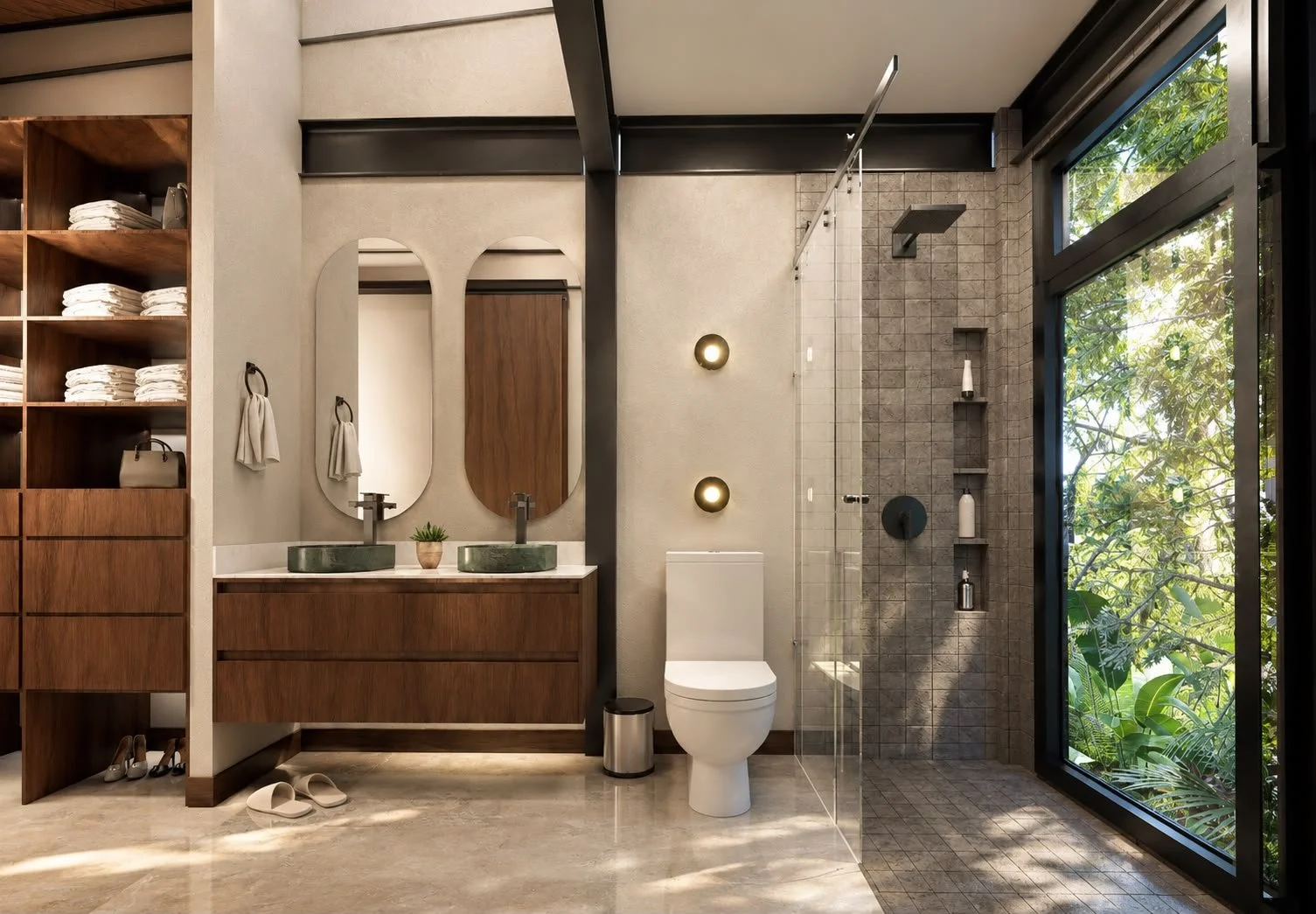 Interiorismo en Casa Villa Ciprés con ventanales de piso a techo, acabados en madera cálida e iluminación natural abierta hacia el paisaje.