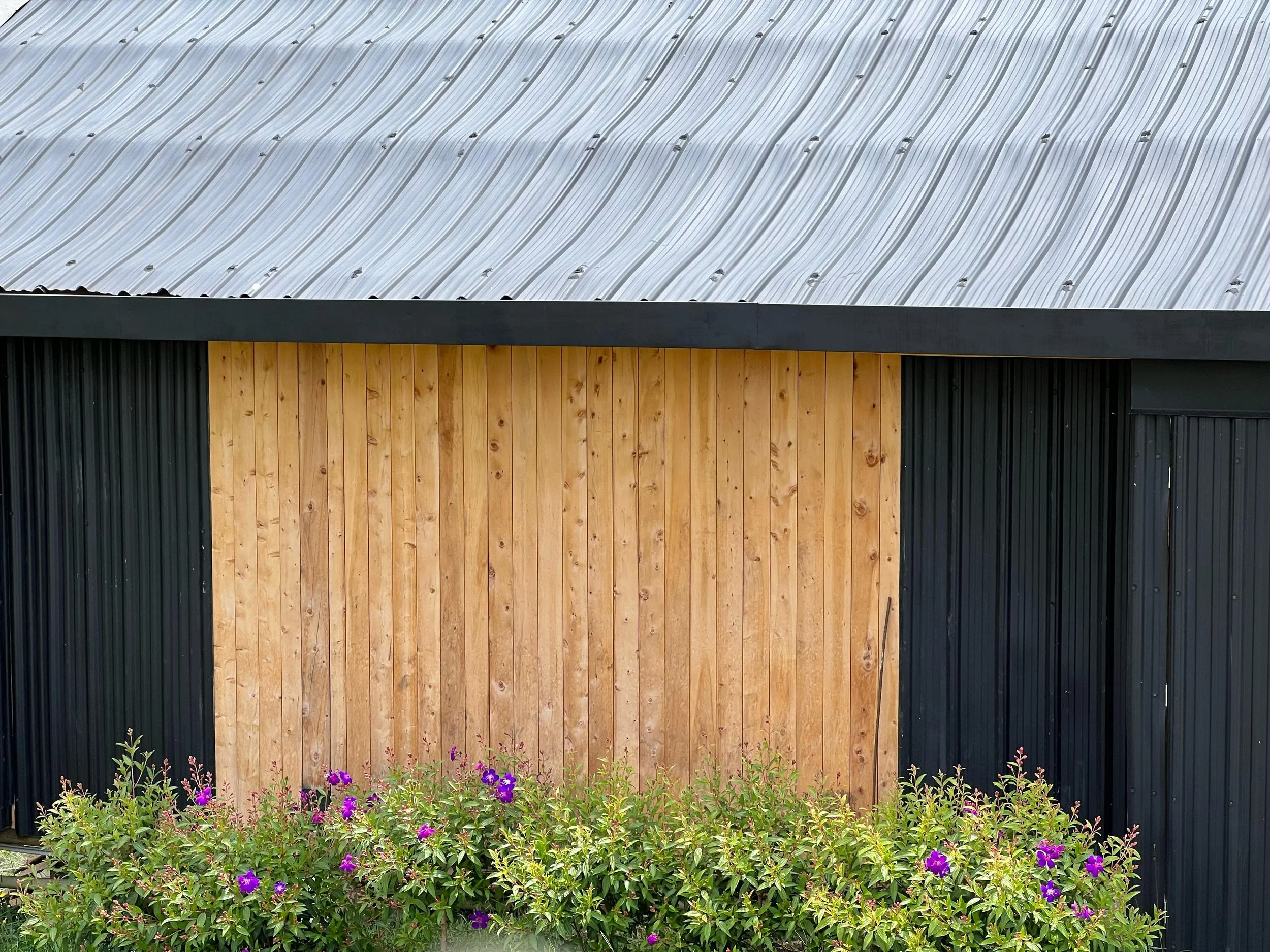 Exterior view of a modern building with a silver metal roof, black metal siding, and a central wooden panel. There are purple flowers and green bushes in front of the building.