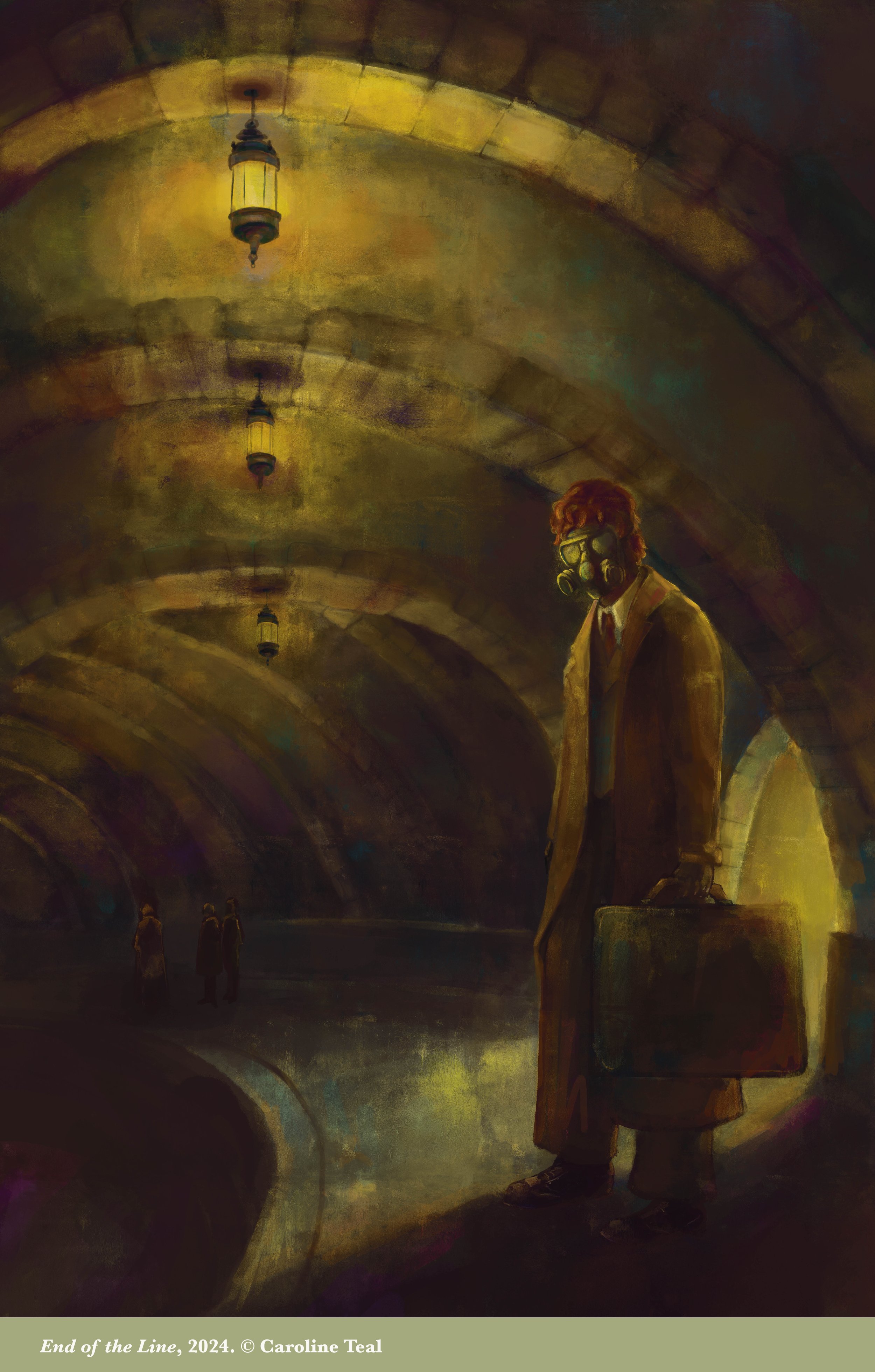 A person in a trench coat and goggles, holding a briefcase, standing in an underground tunnel with arched ceilings and hanging lights, with a few people in the distant background.
