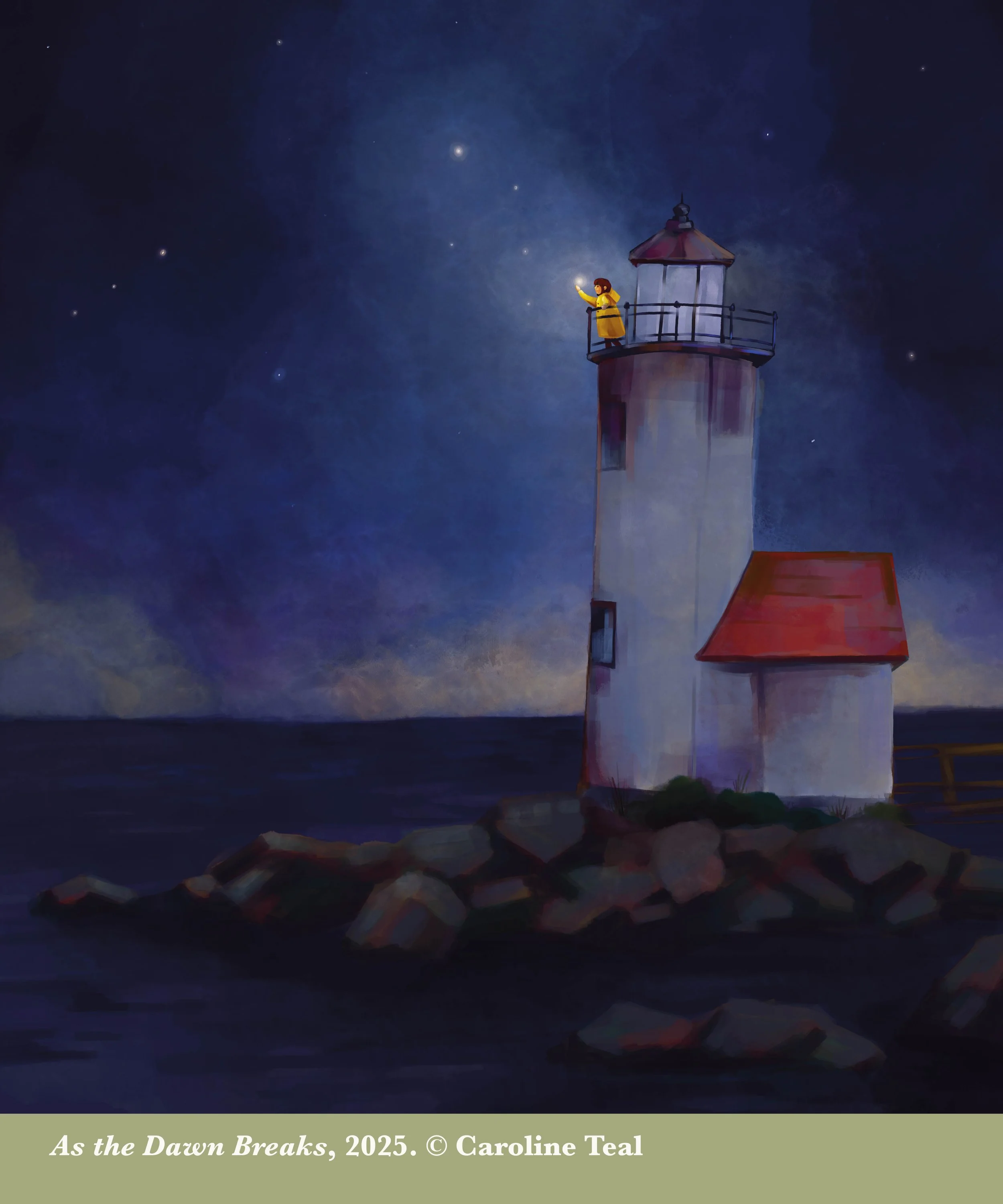 A lighthouse on rocks at night with a person in a yellow raincoat standing on the top balcony, looking at the stars.
