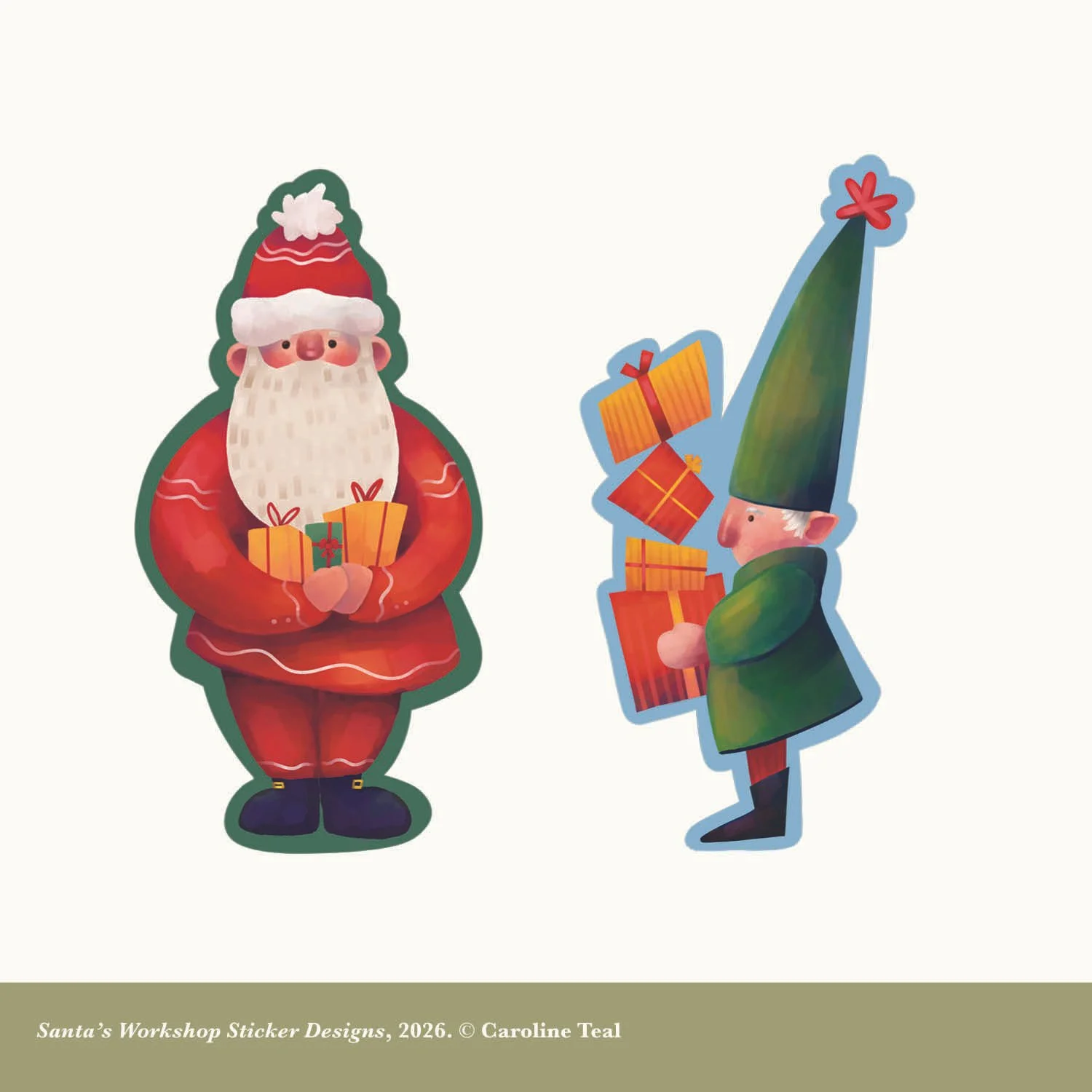 Illustration of Santa Claus holding a gift and a small elf with a tall pointed green hat holding multiple wrapped presents.