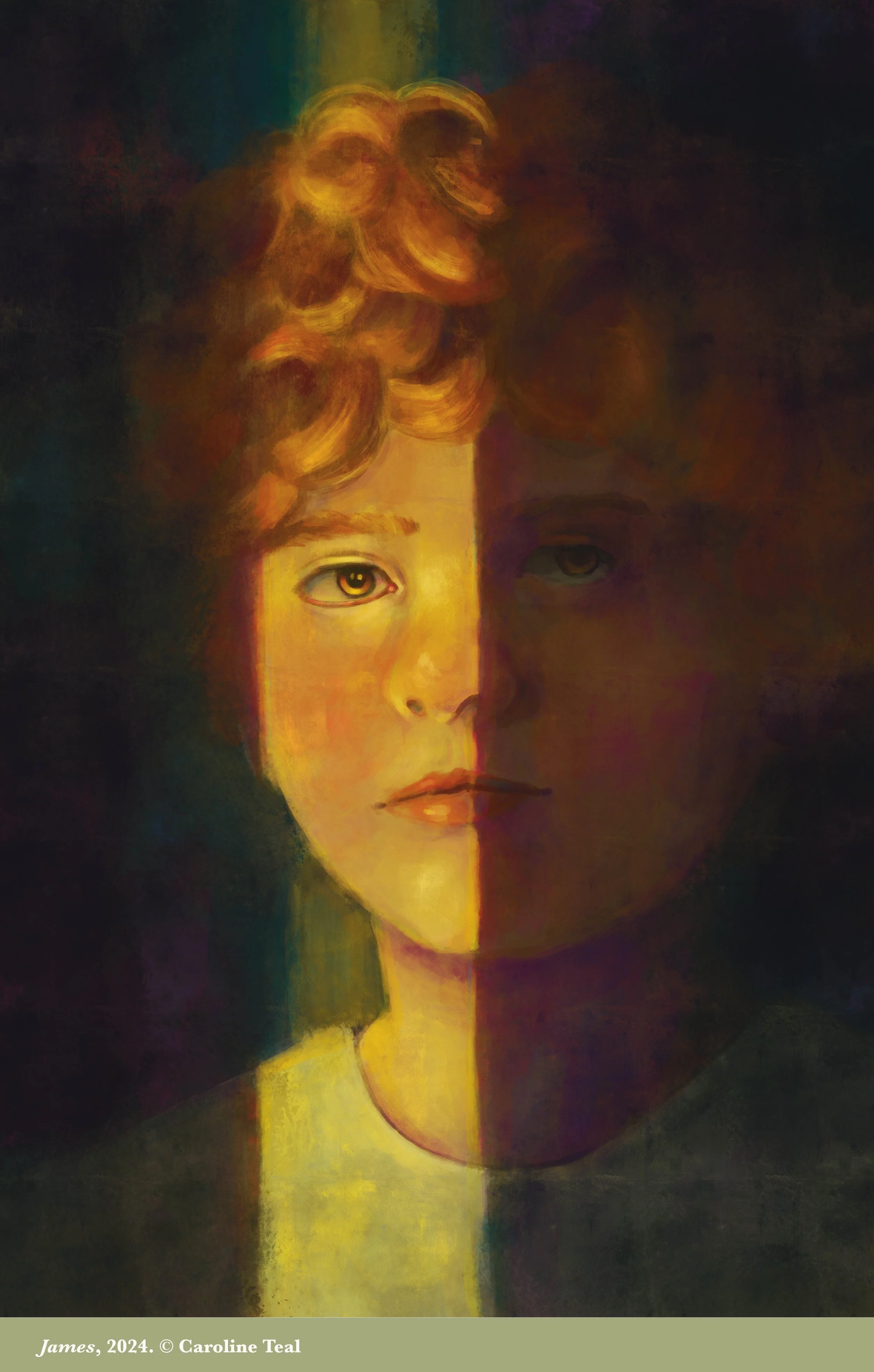 A painting of a young person with wavy reddish-blonde hair, half lit, with the other side in shadow. The person has blue eyes and neutral lips, with a solemn expression.