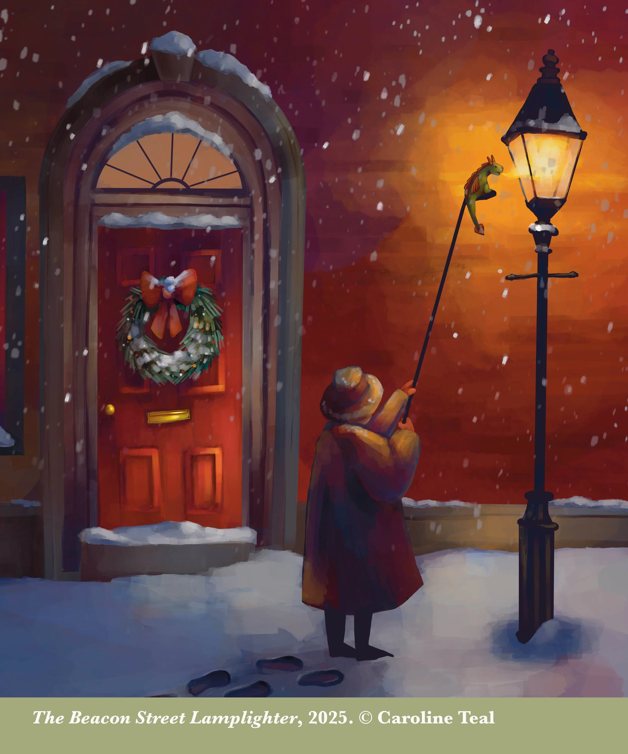 A person in a long coat and hat is standing on a snowy street, reaching up to turn on a streetlamp. The streetlamp is illuminated, casting a warm glow. There is a red door with a holiday wreath on it, and snow is falling around them. The scene has a 