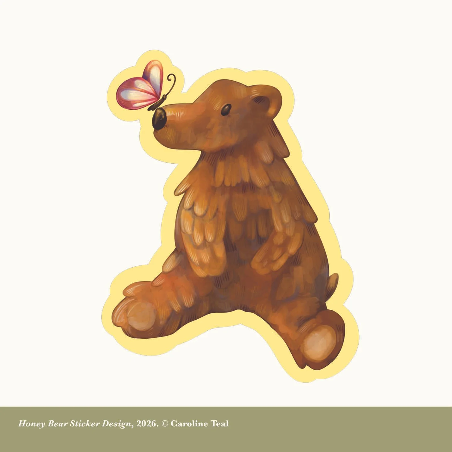 A cute illustration of a brown honey bear sitting with paws on its belly, looking at a pink and white butterfly perched on its nose.
