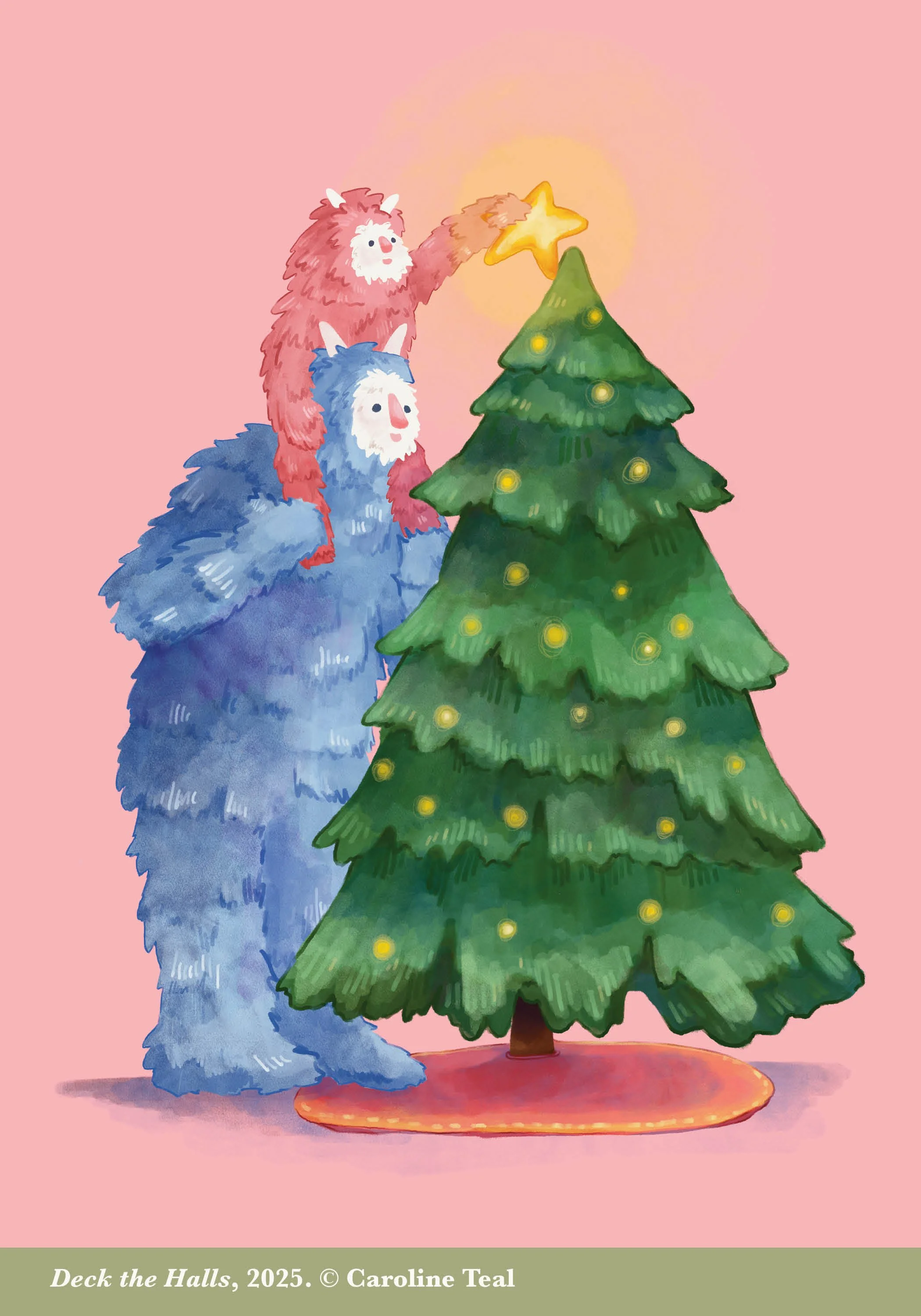 Two cartoon furry creatures, one blue and one pink, decorating a Christmas tree with a star on top, against a pink background.