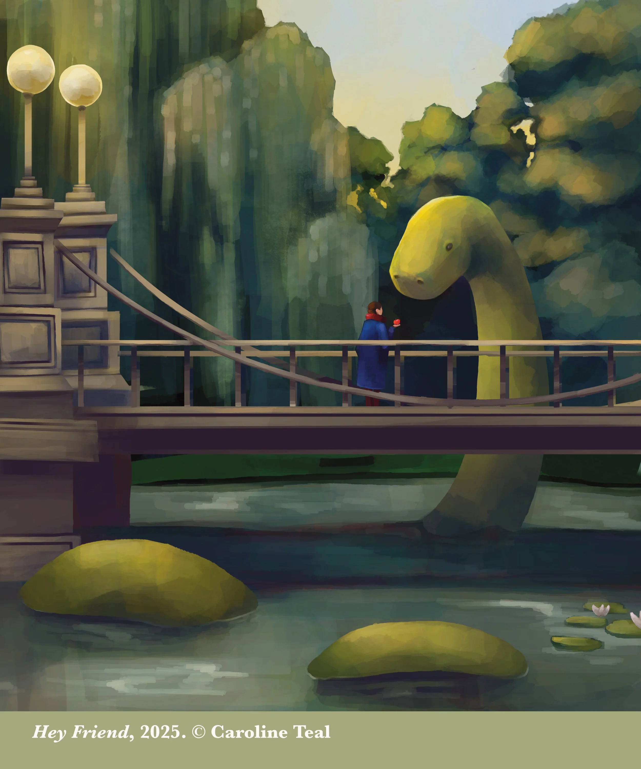A person standing on a bridge, near a large dinosaur head, in a park-like setting with trees, rocks, a river, and lily pads.
