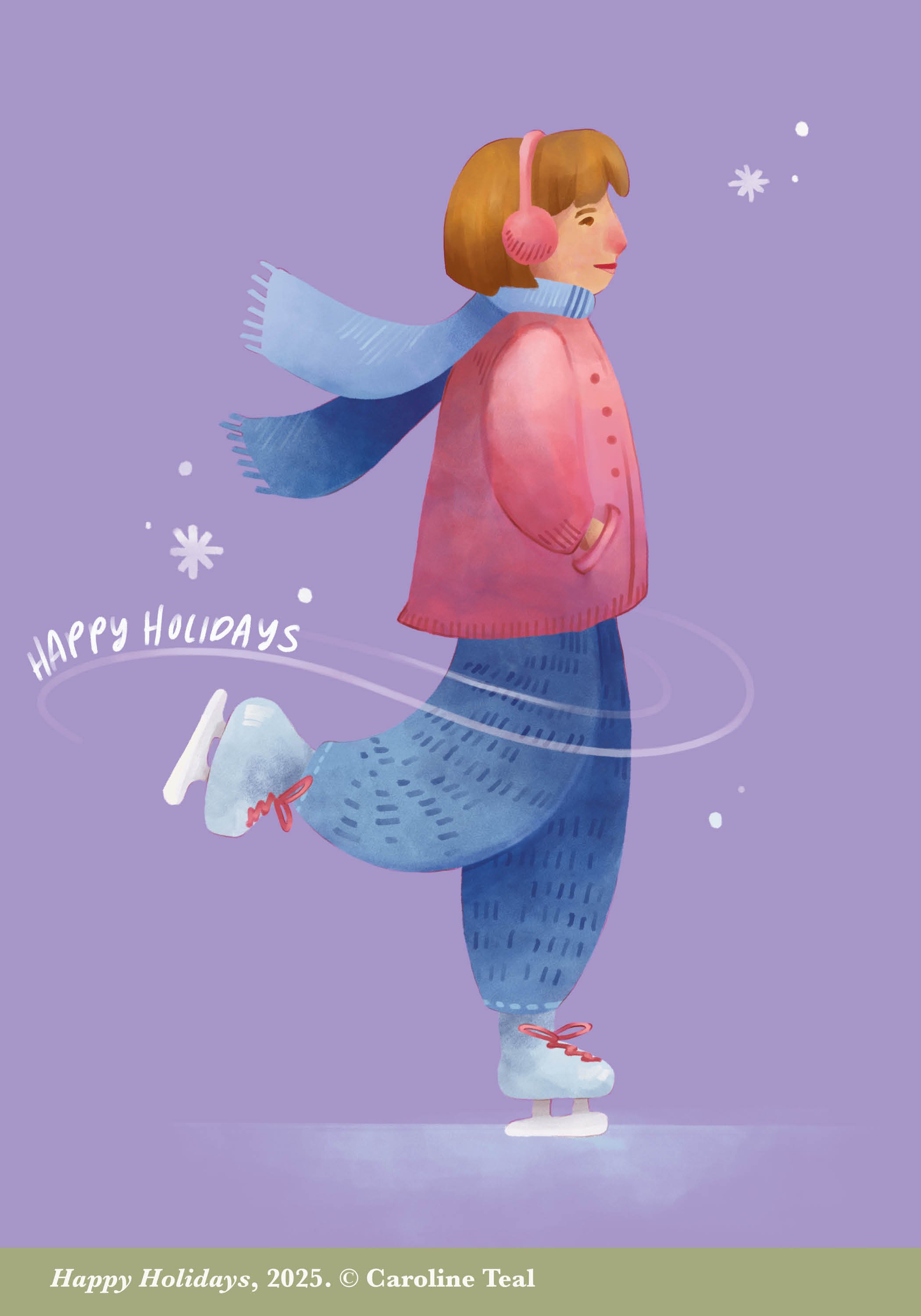 A girl figure ice skating with a pink coat, blue pants, white skates, pink headphones, and a blue scarf, against a purple background with snowflakes and "Happy Holidays" text.