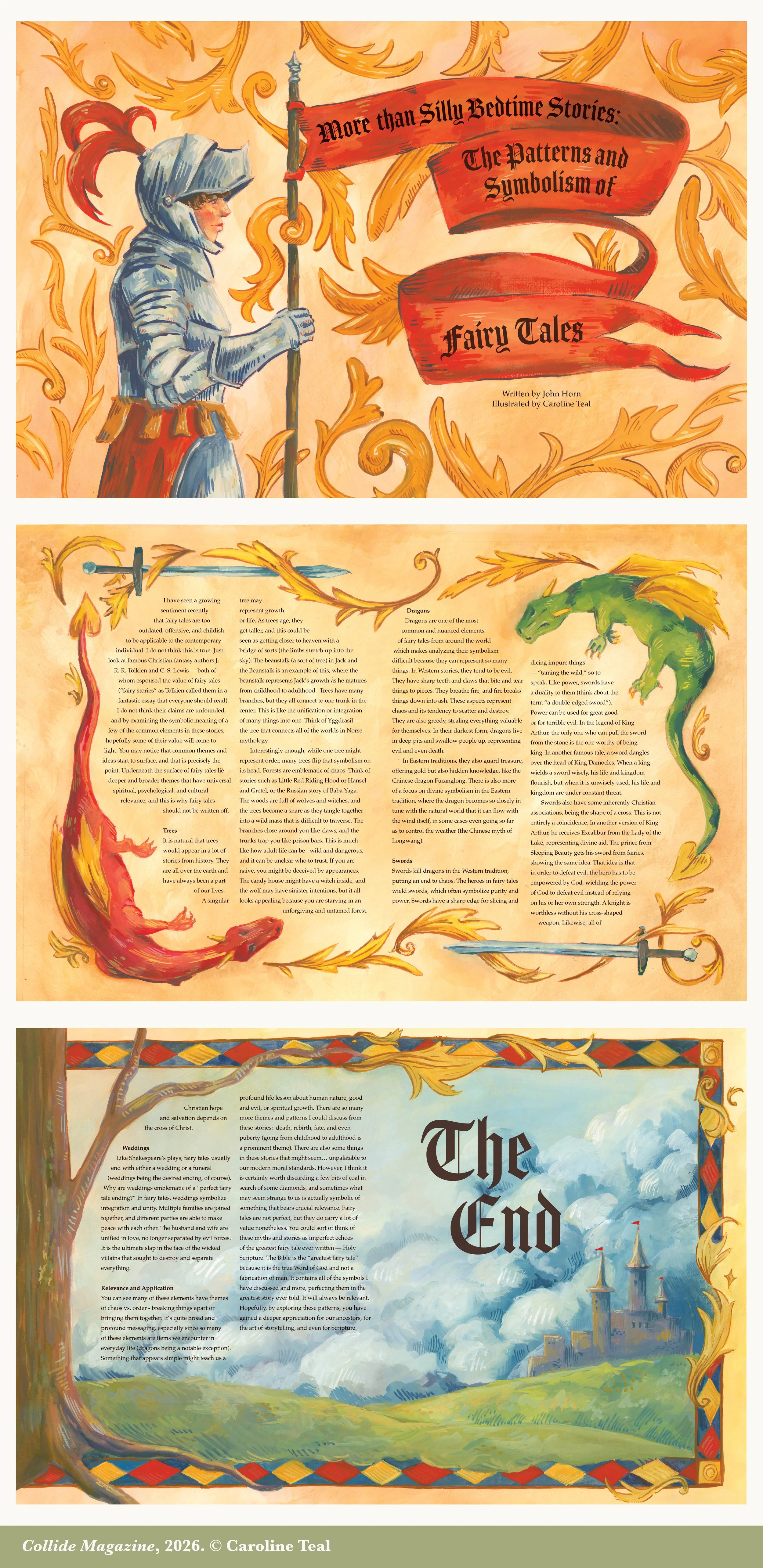 Open book with illustrated fairy tale scenes, featuring a knight with a red plume in armor, dragons, swords, and a castle in a watercolor landscape, with decorative borders and a ribbon banner reading 'More than Silly Bedtime Stories: The Patterns an