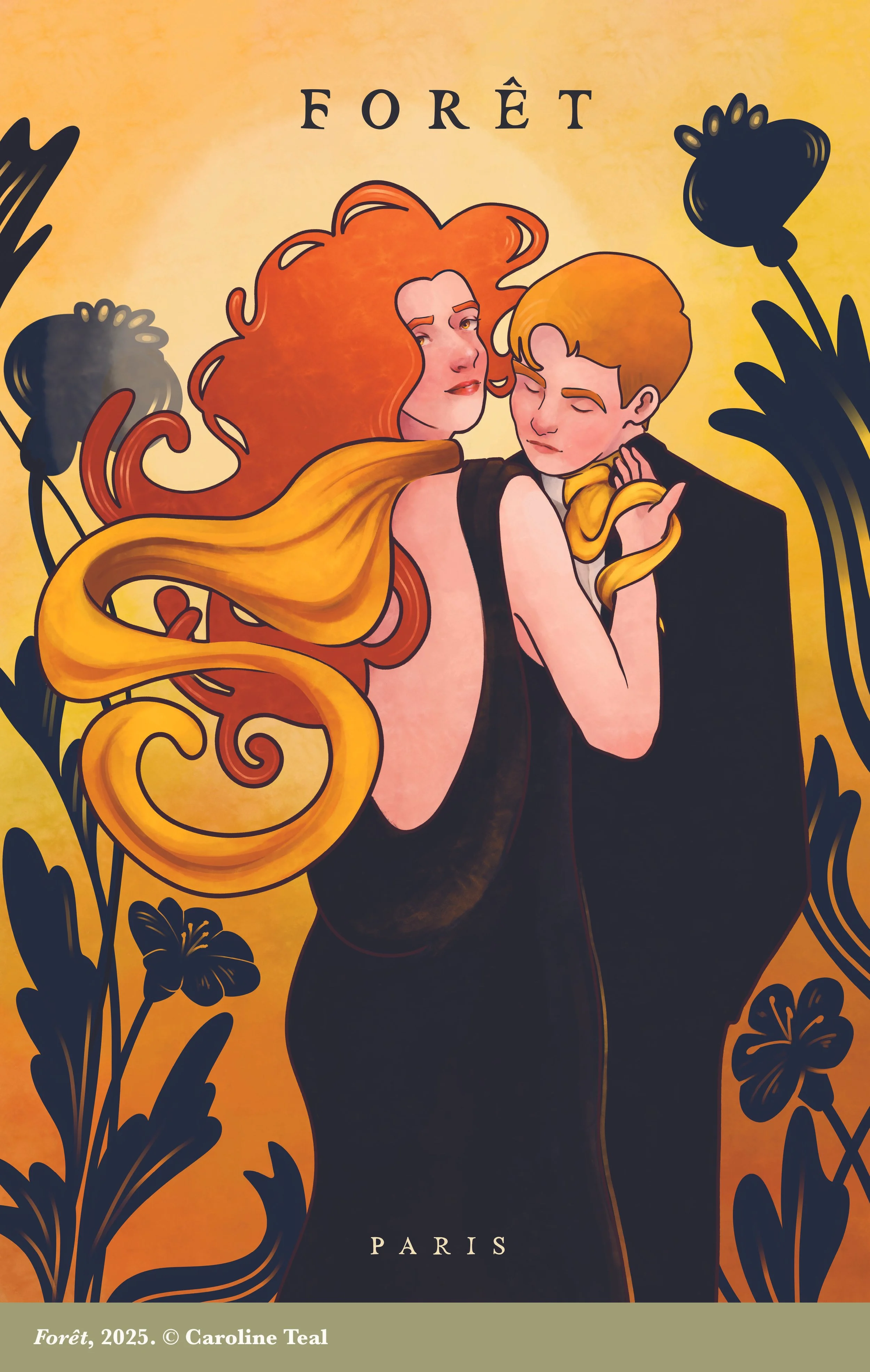 A stylized illustration of a woman with red hair holding a blonde-haired man, with dark floral elements in the background, and the words "Forêt" and "Paris".