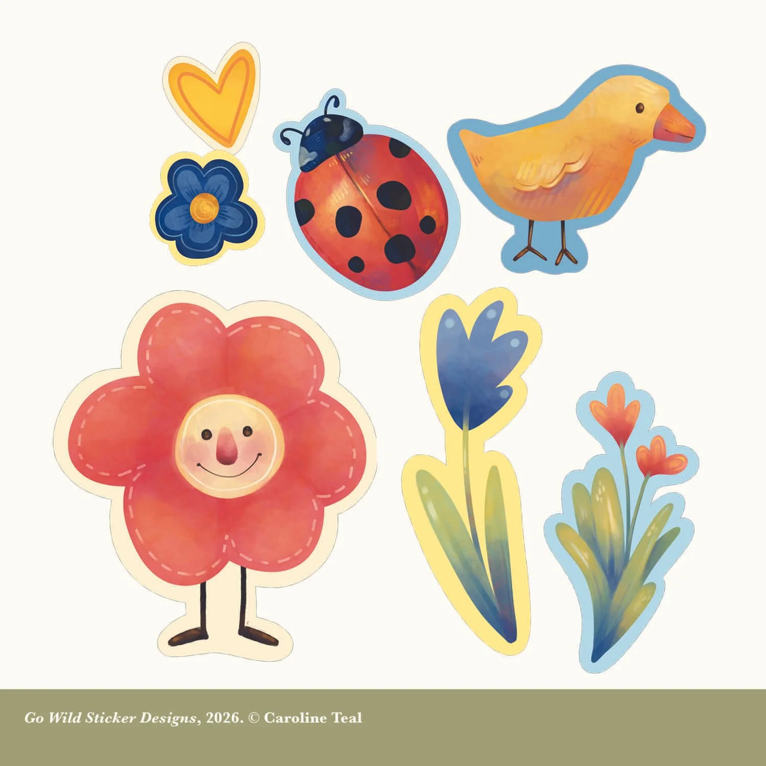 Collection of colorful stickers featuring a heart, a flower, a ladybug, a chick, a blue iris, and orange tulips.