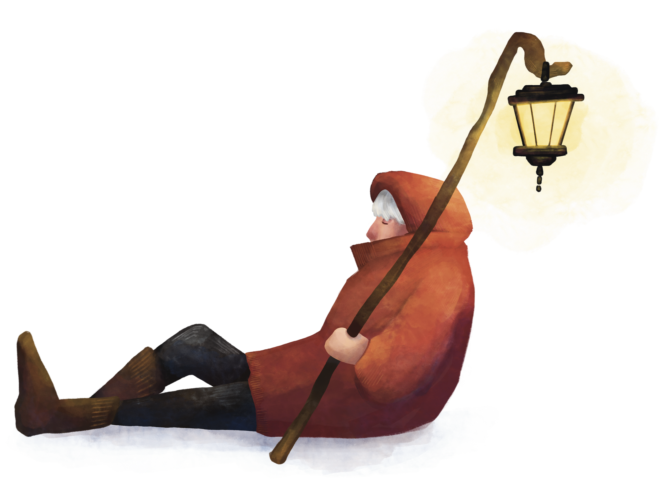 Person in a reddish-brown coat and boots sitting on the ground with their eyes closed, holding a wooden staff with a lantern hanging from the top, and a yellow thought bubble surrounding the lantern.
