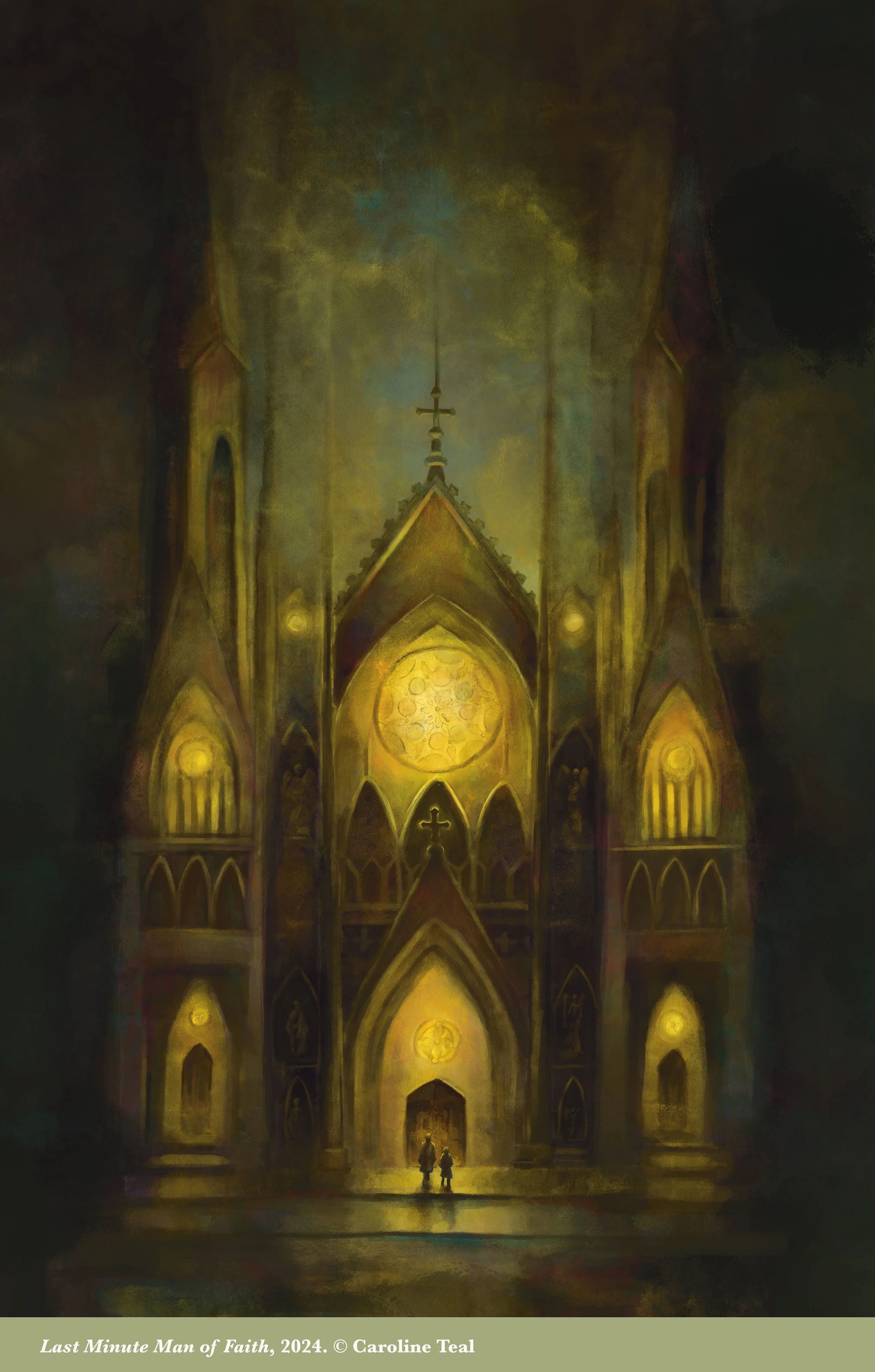 An interior of a grand, illuminated gothic church or cathedral with high arches, stained glass windows, and ornate architectural features, with two figures standing at the entrance.