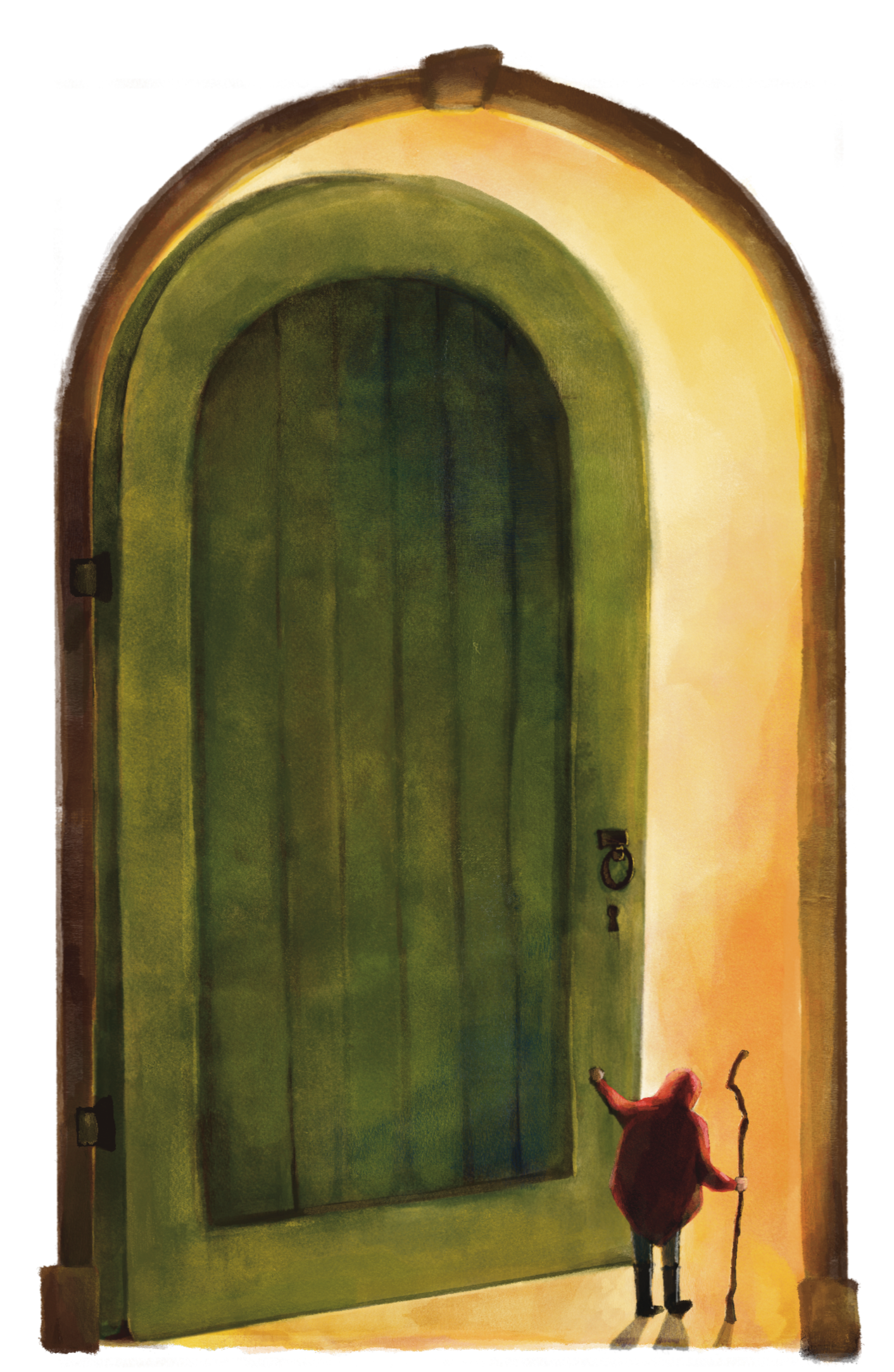 A tall, arched wooden door painted green with black hinges and a black handle, set in a beige wall with warm lighting. A small figure with a red cloak, black pants, and a walking stick stands in front of the door, looking up at it.