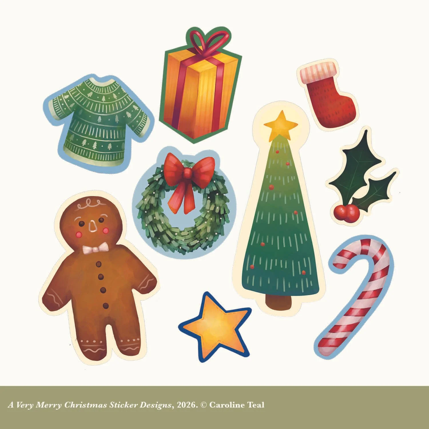 Collection of Christmas-themed stickers including a green sweater with white patterns, a wrapped gift box, a red and white Christmas stocking, holly with red berries, a Christmas tree with a star on top, a gingerbread man, a wreath with a red bow, a 