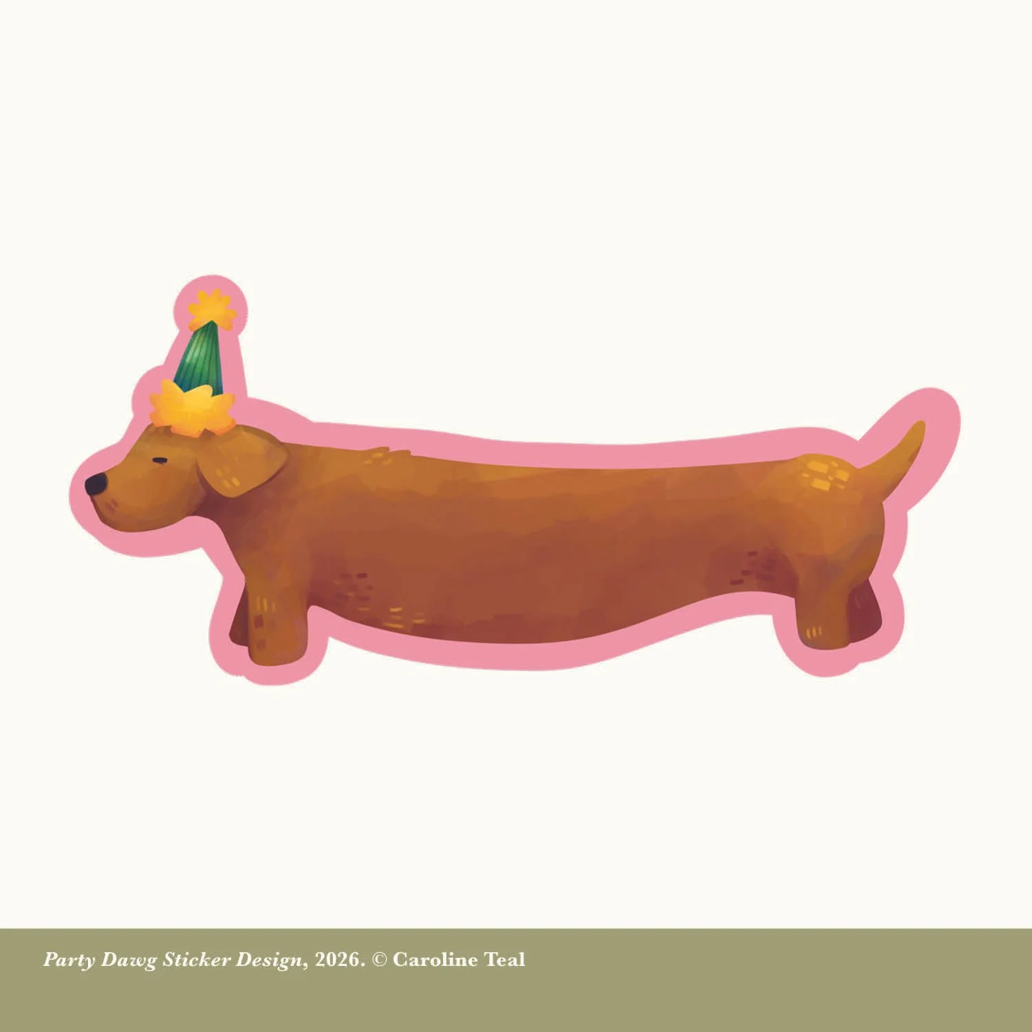 A sticker of a dachshund dog wearing a green cone-shaped party hat with a yellow pom-pom on top, outlined with a pink border.