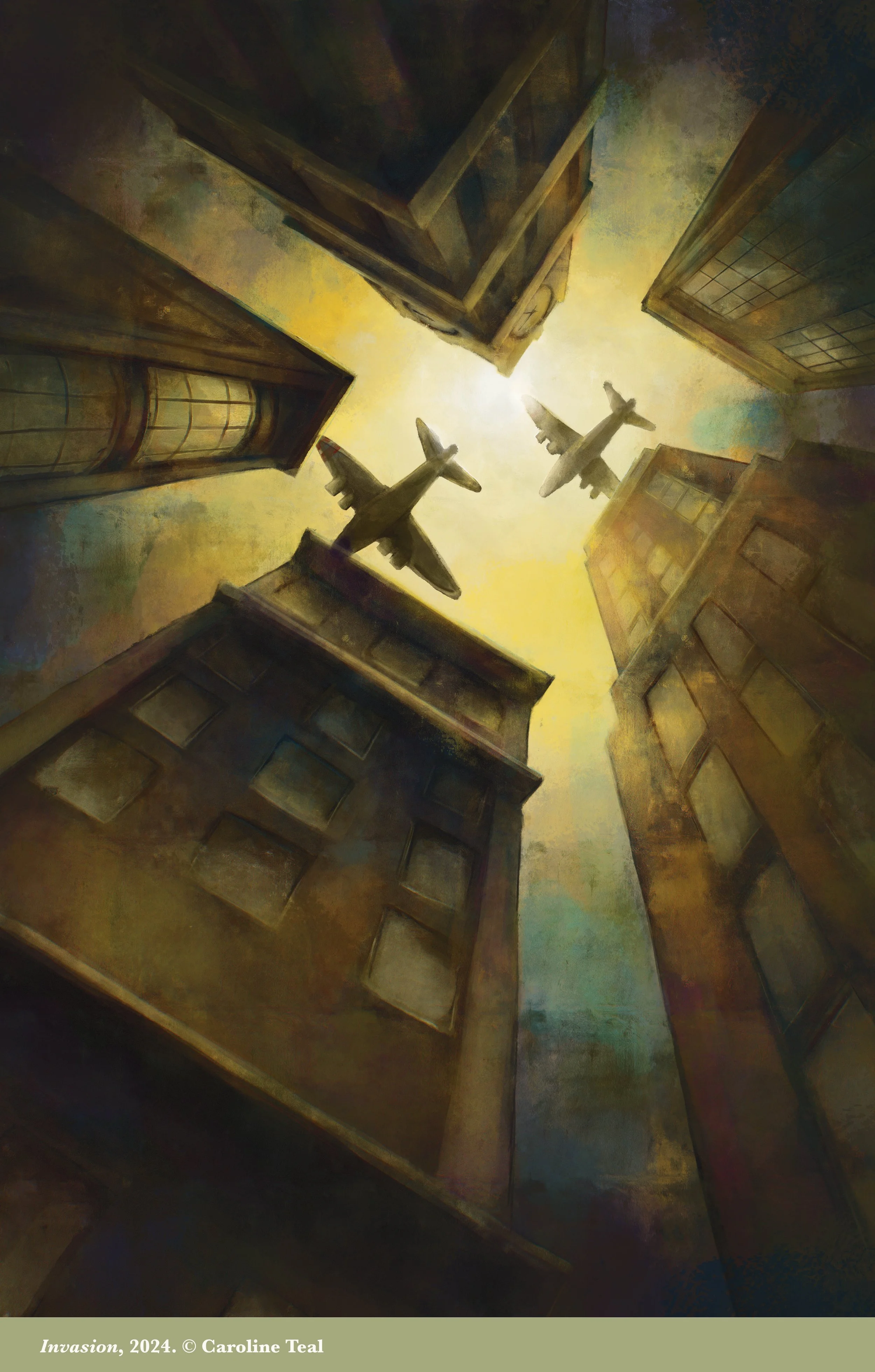 Two airplanes flying above tall buildings in an urban area, with sunlight in the sky.