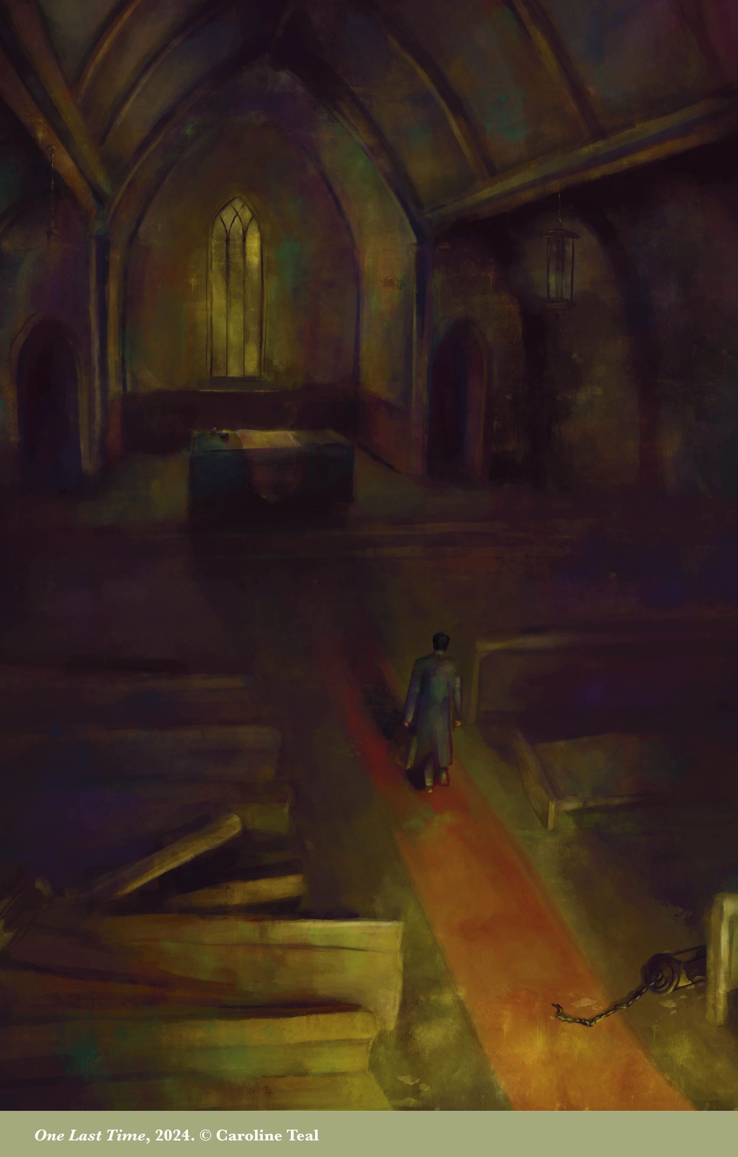 A dark, moody painting of an empty church interior with a man walking alone down a red aisle. The church has high, arched ceilings, stained glass windows, and a central altar. A chain and hook are visible on the right side.
