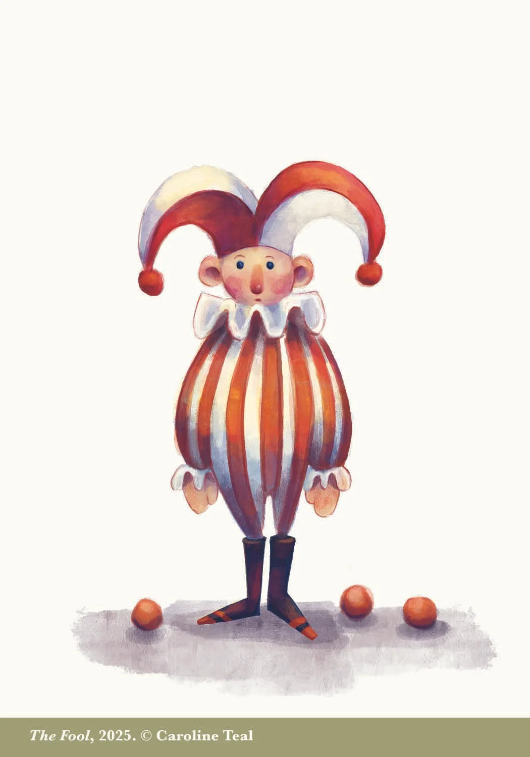 Illustration of a jester wearing a red, white, and black striped costume with a matching hat, standing on the ground with juggling balls around him.