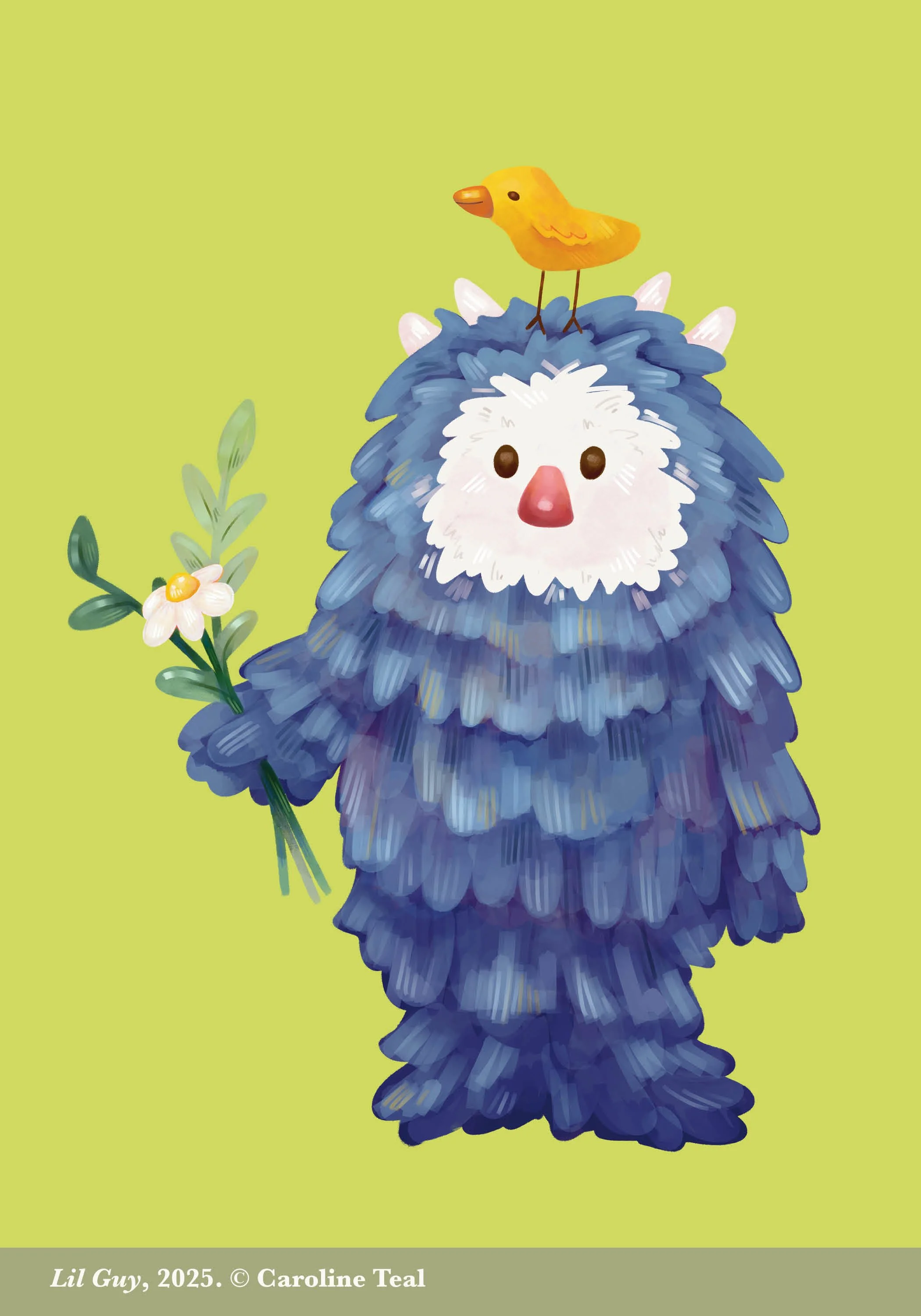 A cartoon illustration of a fluffy blue creature with a white face, holding a small bouquet of flowers, with a yellow bird standing on its head against a light green background.