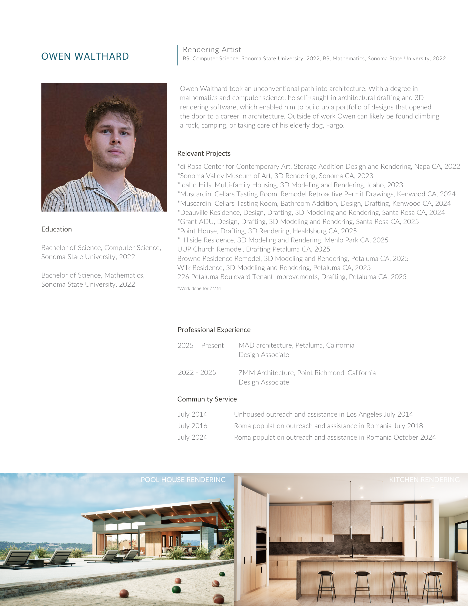 A resume page with a portrait of Owen Walthard, details of his education, relevant projects, professional experience, and community service, with two images at the bottom showing a pool house and a kitchen interior.