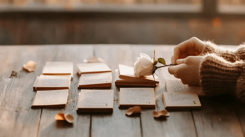Scripted interview responses as a marriage fraud tactic — index cards with notes and a white rose
