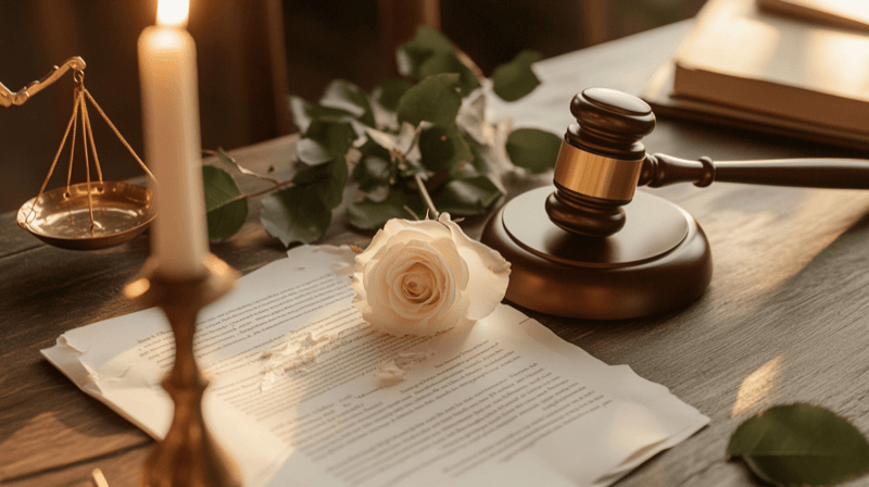 Threats invoking I-864 enforcement as a marriage fraud tactic — a torn legal document with a gavel and white rose