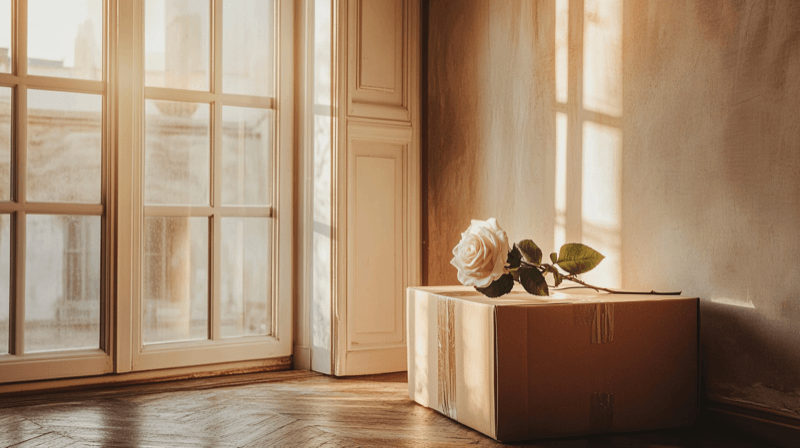 Rapid cohabitation as a marriage fraud grooming indicator — moving boxes in a hallway with a white rose