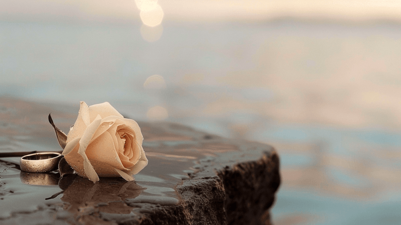 A single white rose resting on a weathered stone ledge overlooking the ocean at sunset — representing the aftermath of immigration marriage fraud