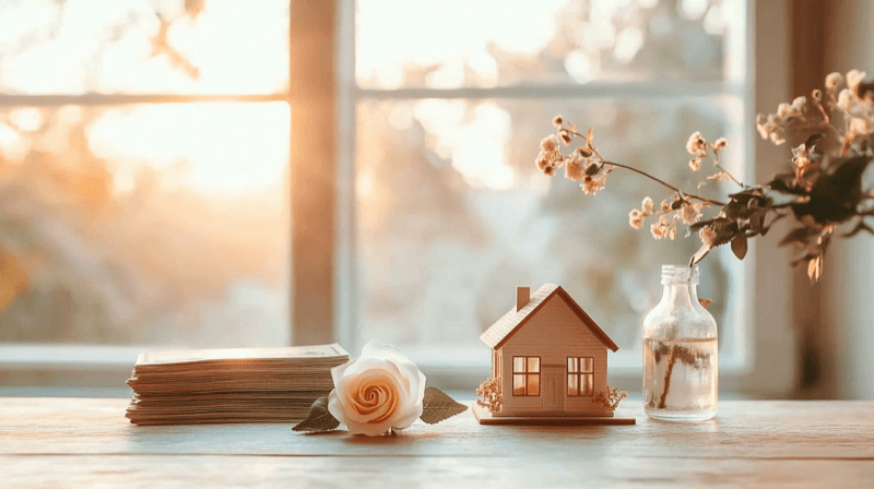 Foreign real estate purchases as a marriage fraud indicator — a model house and foreign currency with a white rose